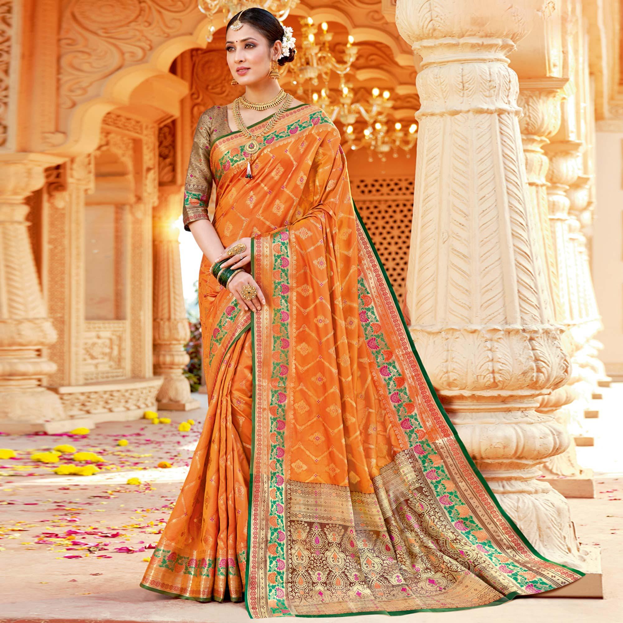 Orange Festive Wear Woven Silk Saree - Peachmode
