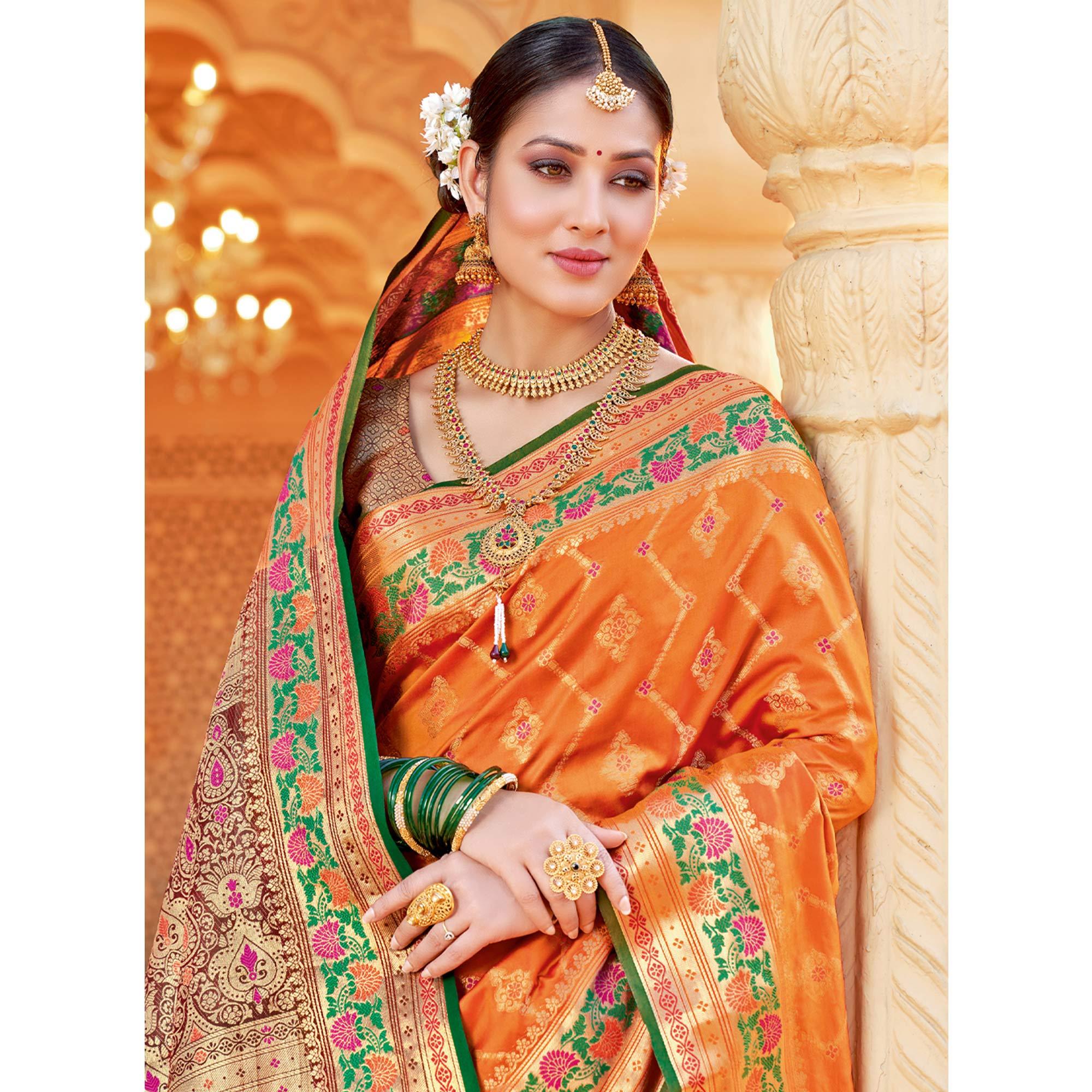 Orange Festive Wear Woven Silk Saree - Peachmode