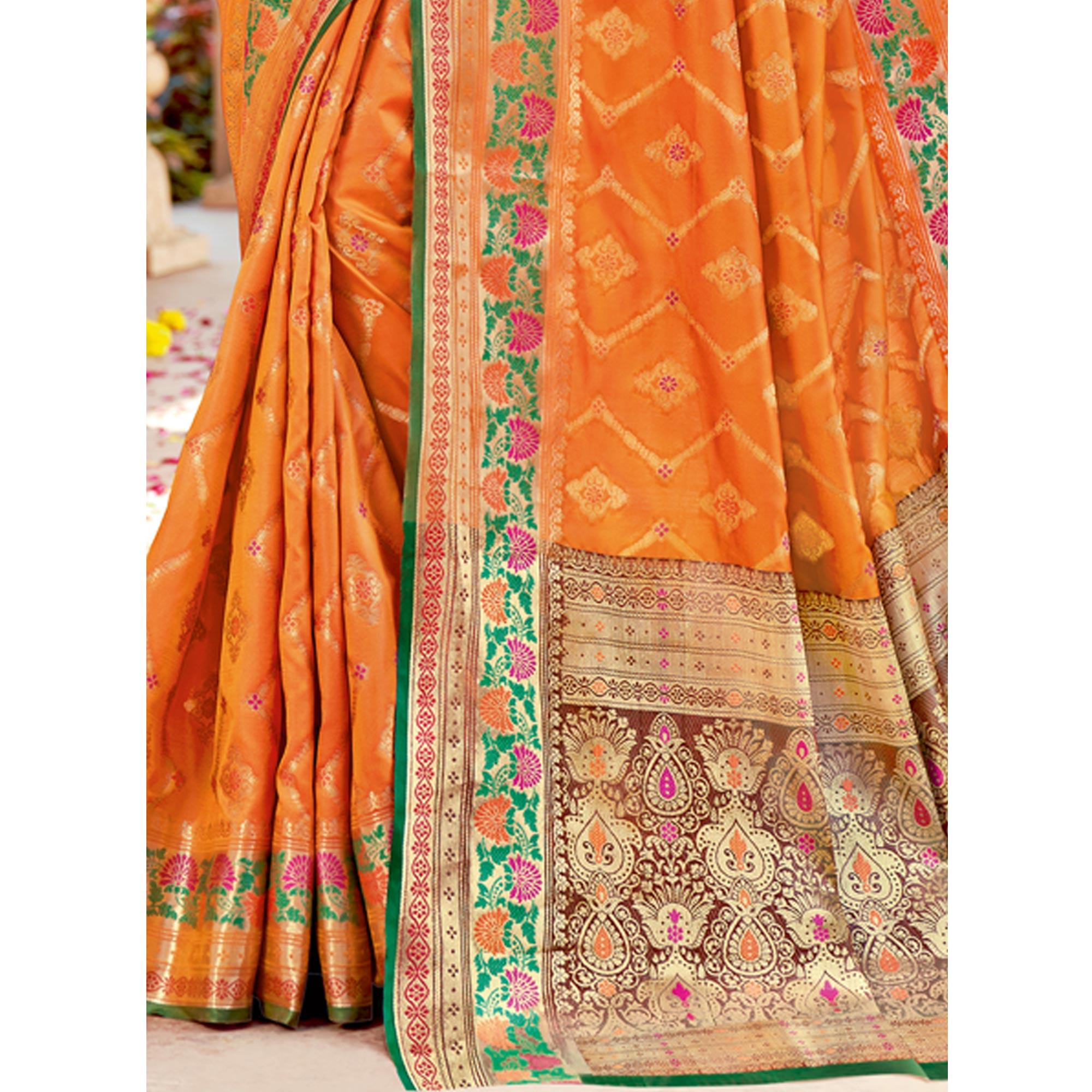 Orange Festive Wear Woven Silk Saree - Peachmode