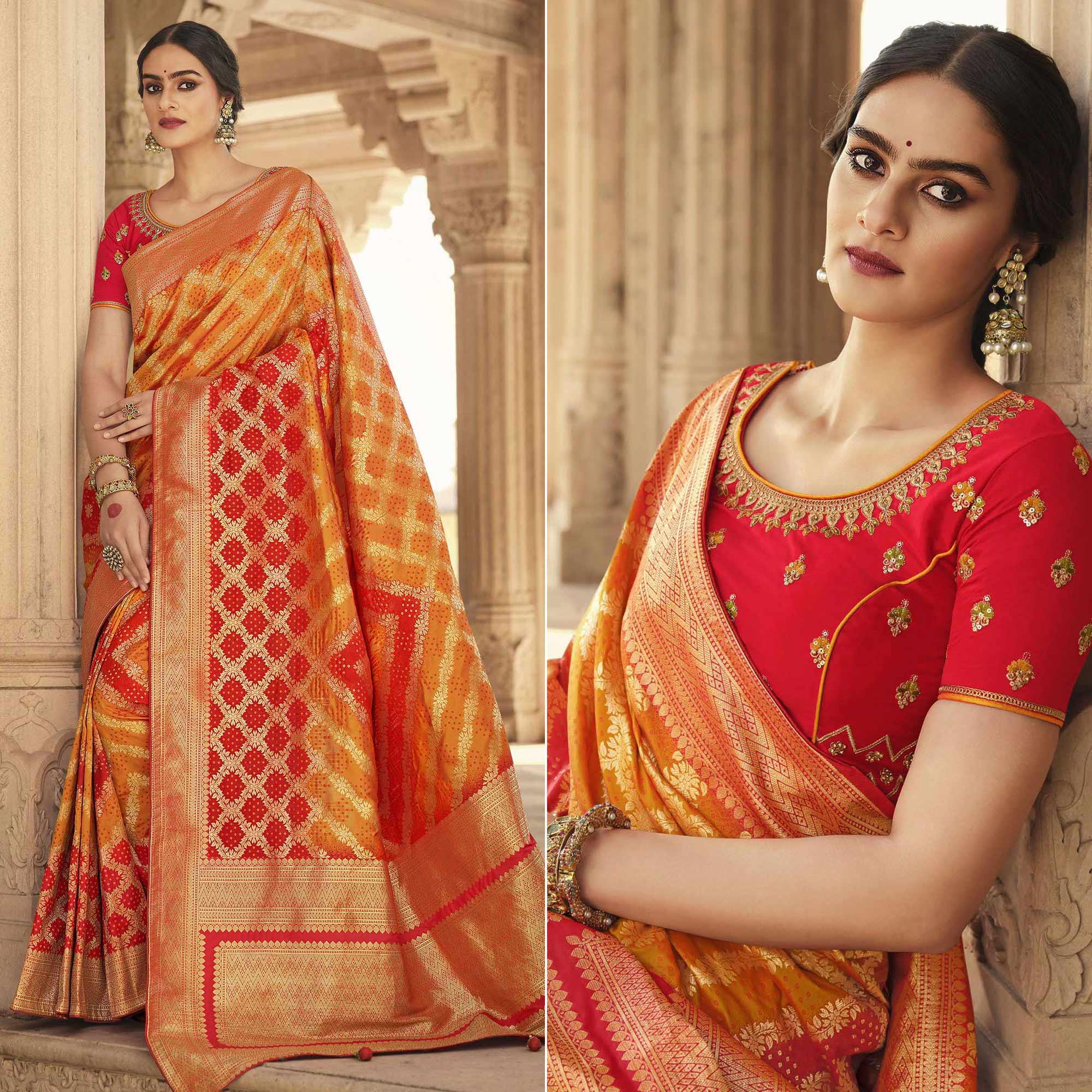 Orange Festive Wear Woven Silk Saree - Peachmode