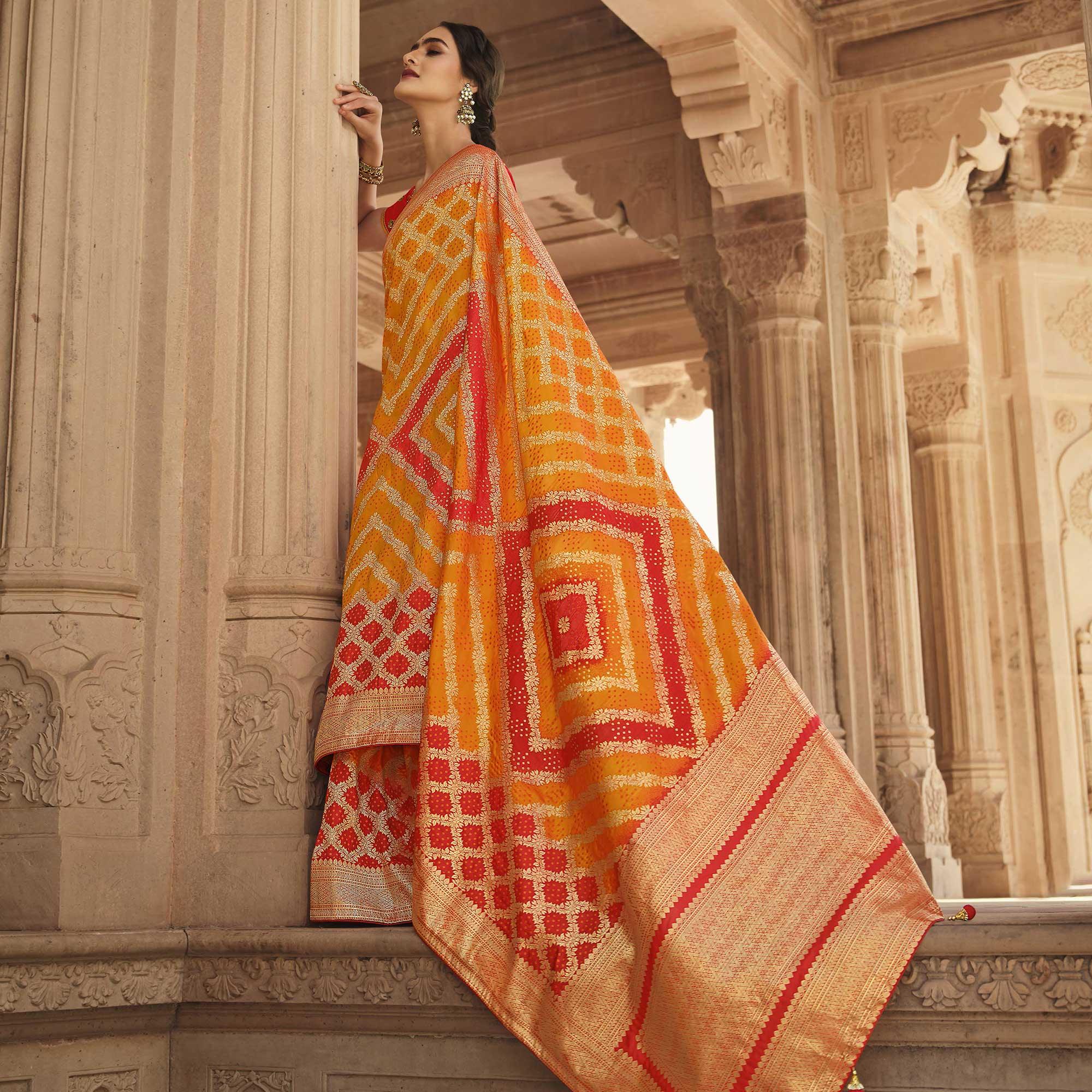 Orange Festive Wear Woven Silk Saree - Peachmode