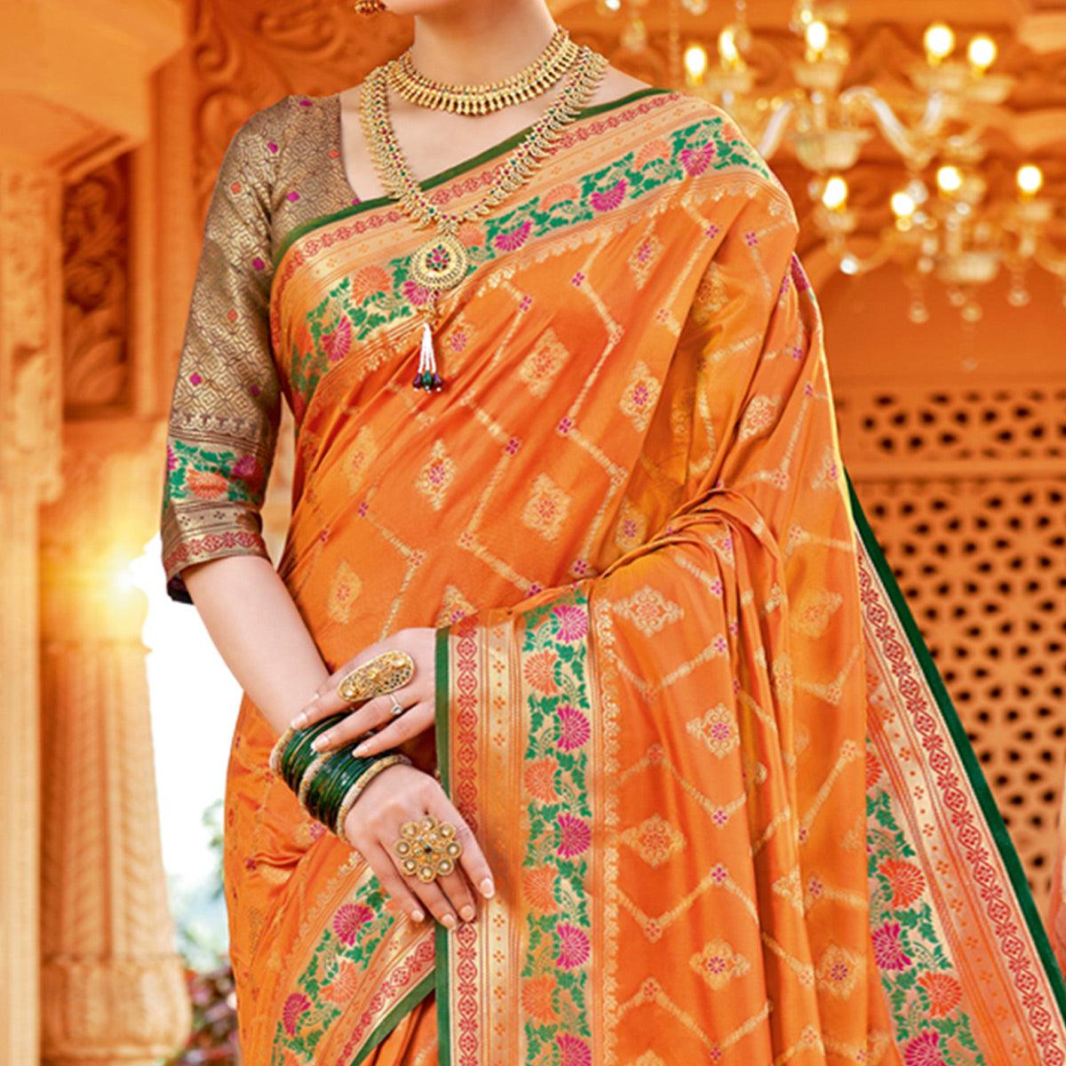 Orange Festive Wear Woven Silk Saree - Peachmode