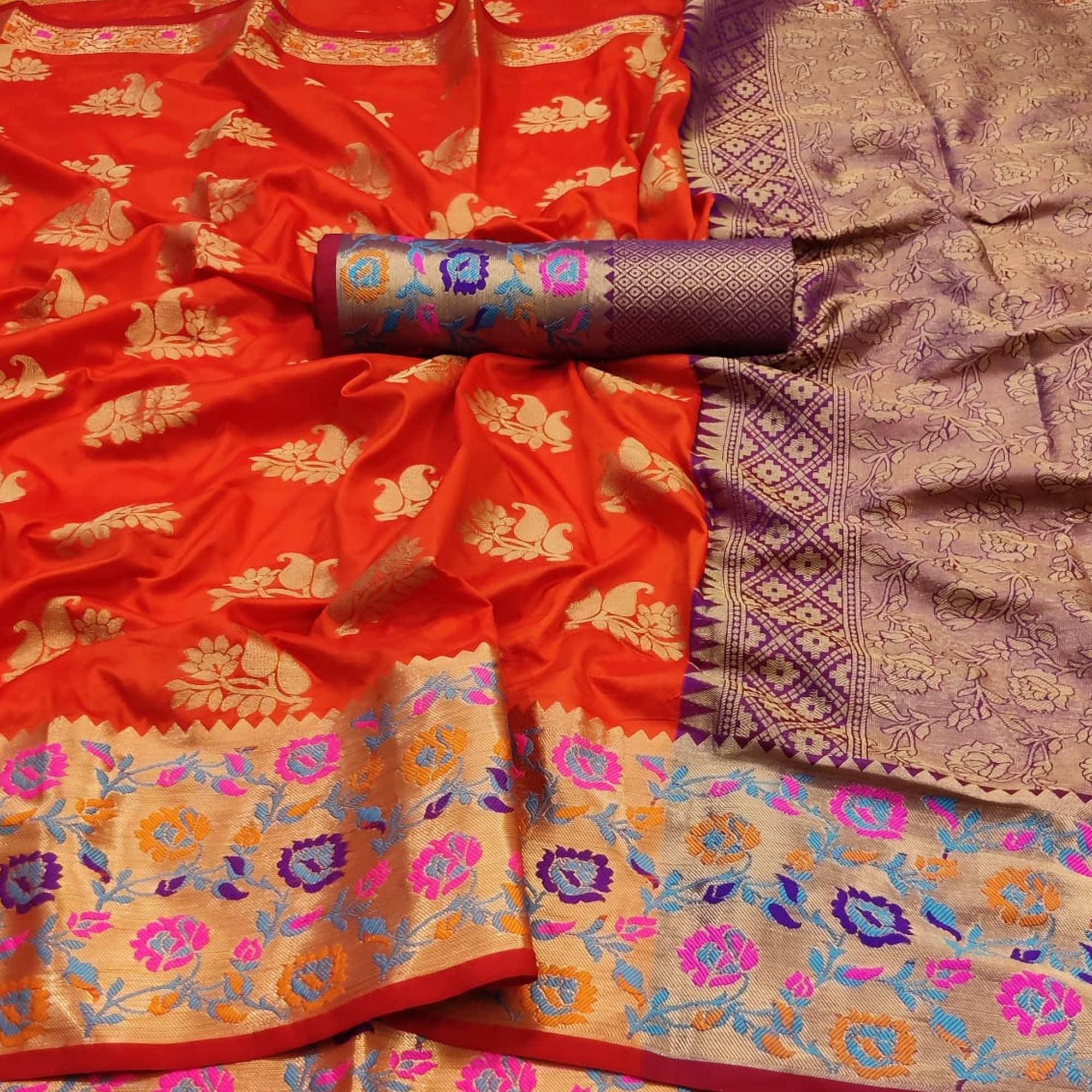 Orange Festive Wear Woven Silk Saree With Border - Peachmode