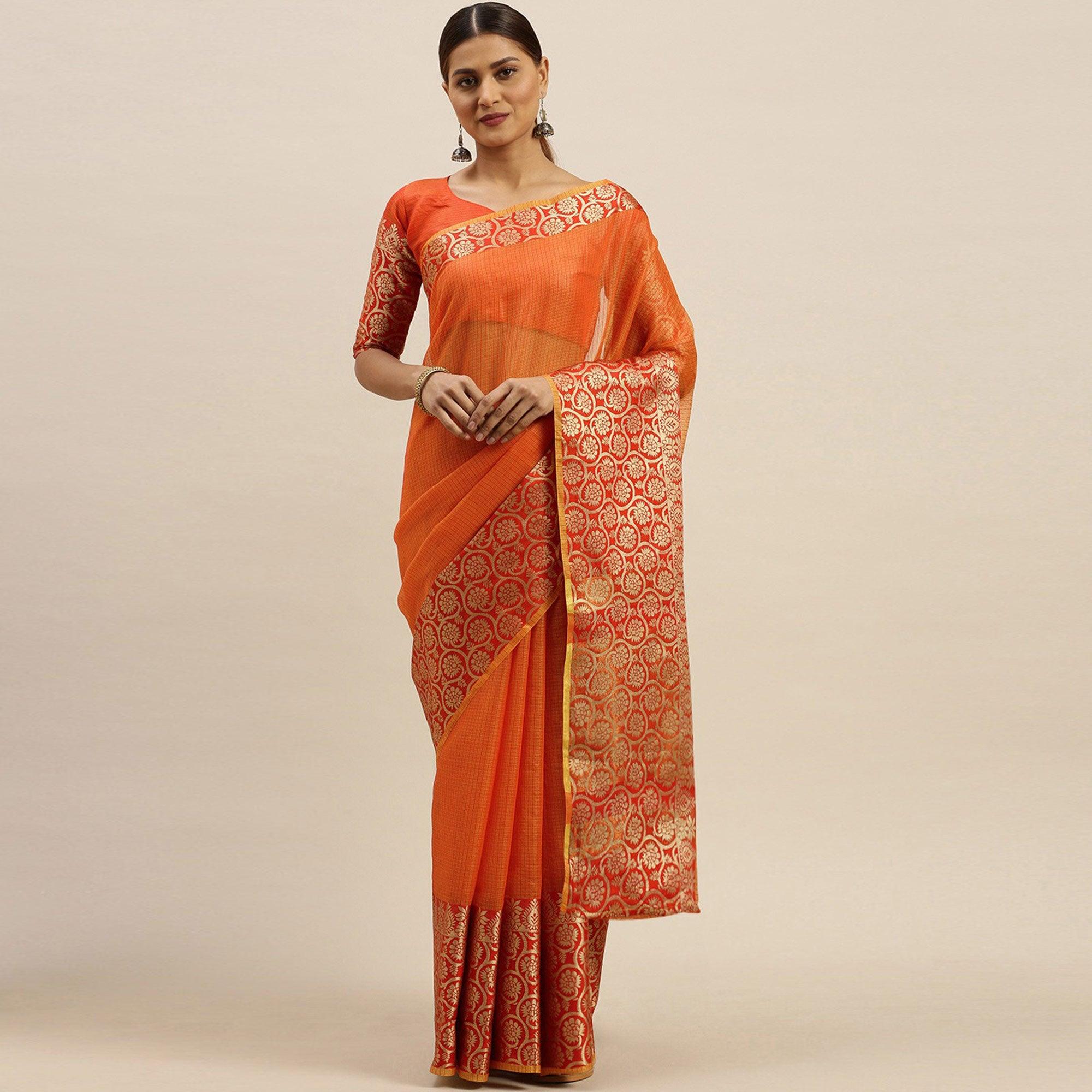 Orange Festive Wear Woven Silk Saree With Jacquard Border - Peachmode