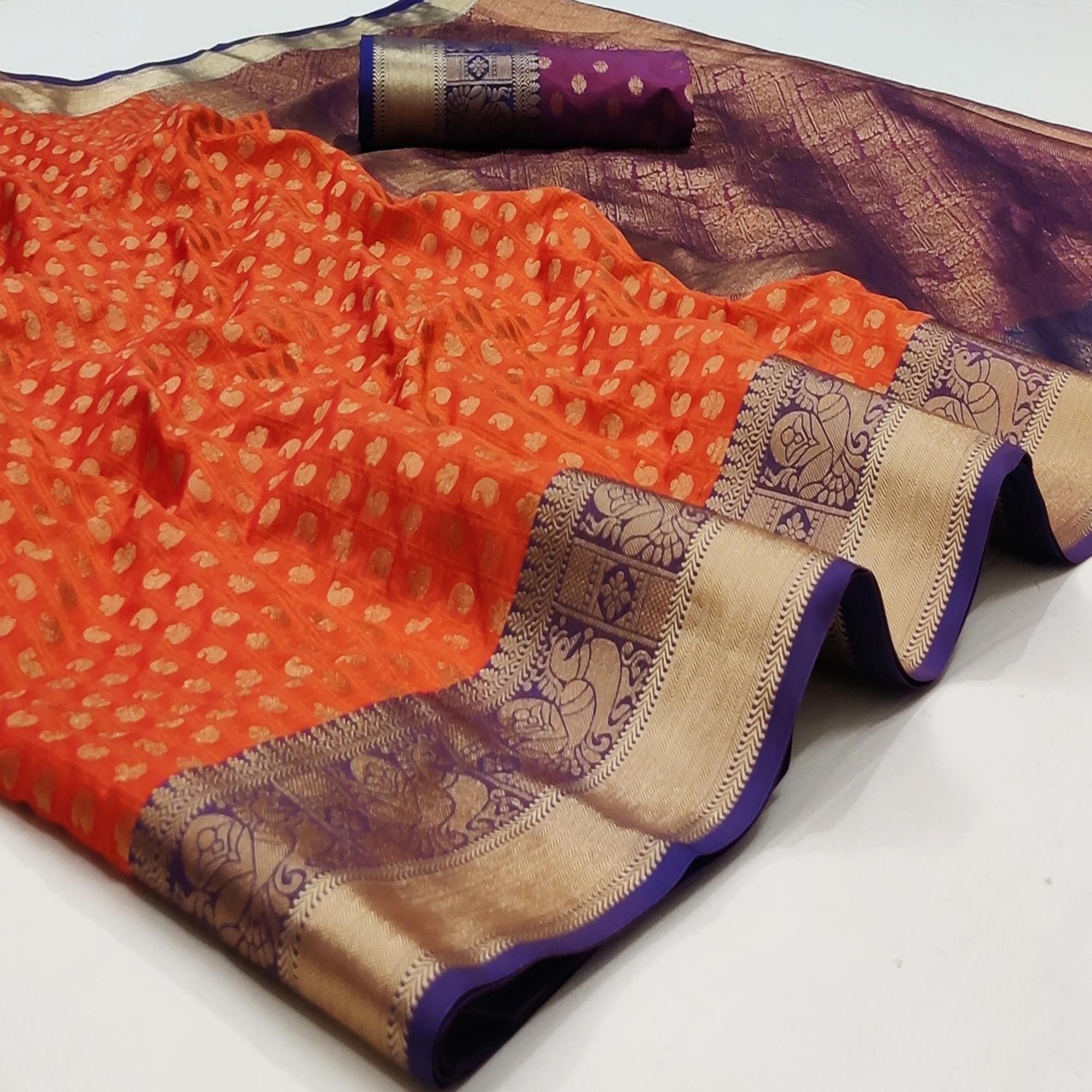 Orange Festive Wear Woven Silk Saree With Jacquard Border - Peachmode
