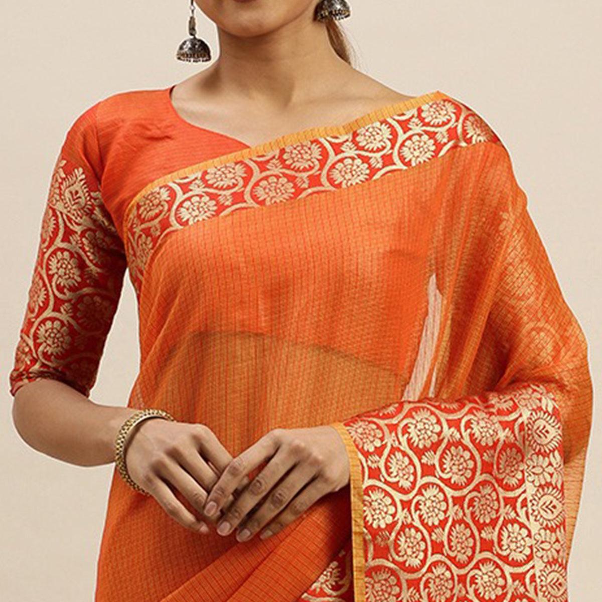Orange Festive Wear Woven Silk Saree With Jacquard Border - Peachmode