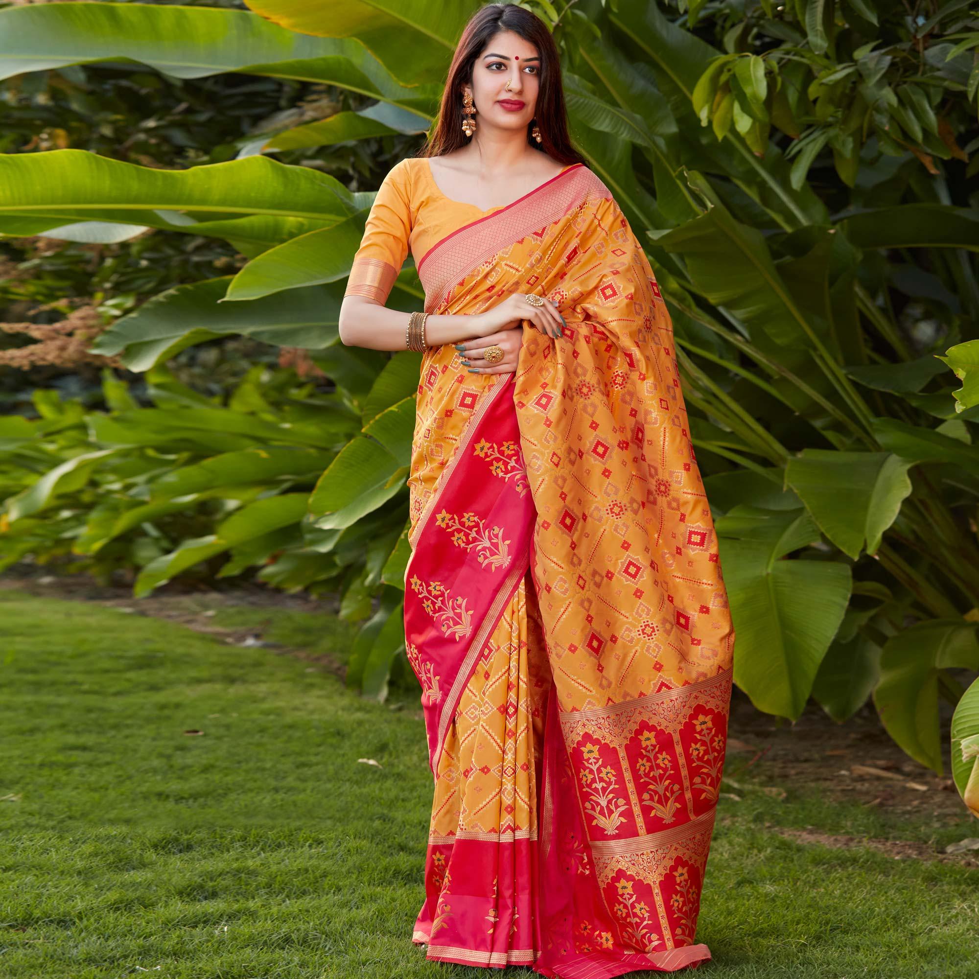 Orange Festive Wear Woven Soft Banarasi Silk Saree - Peachmode