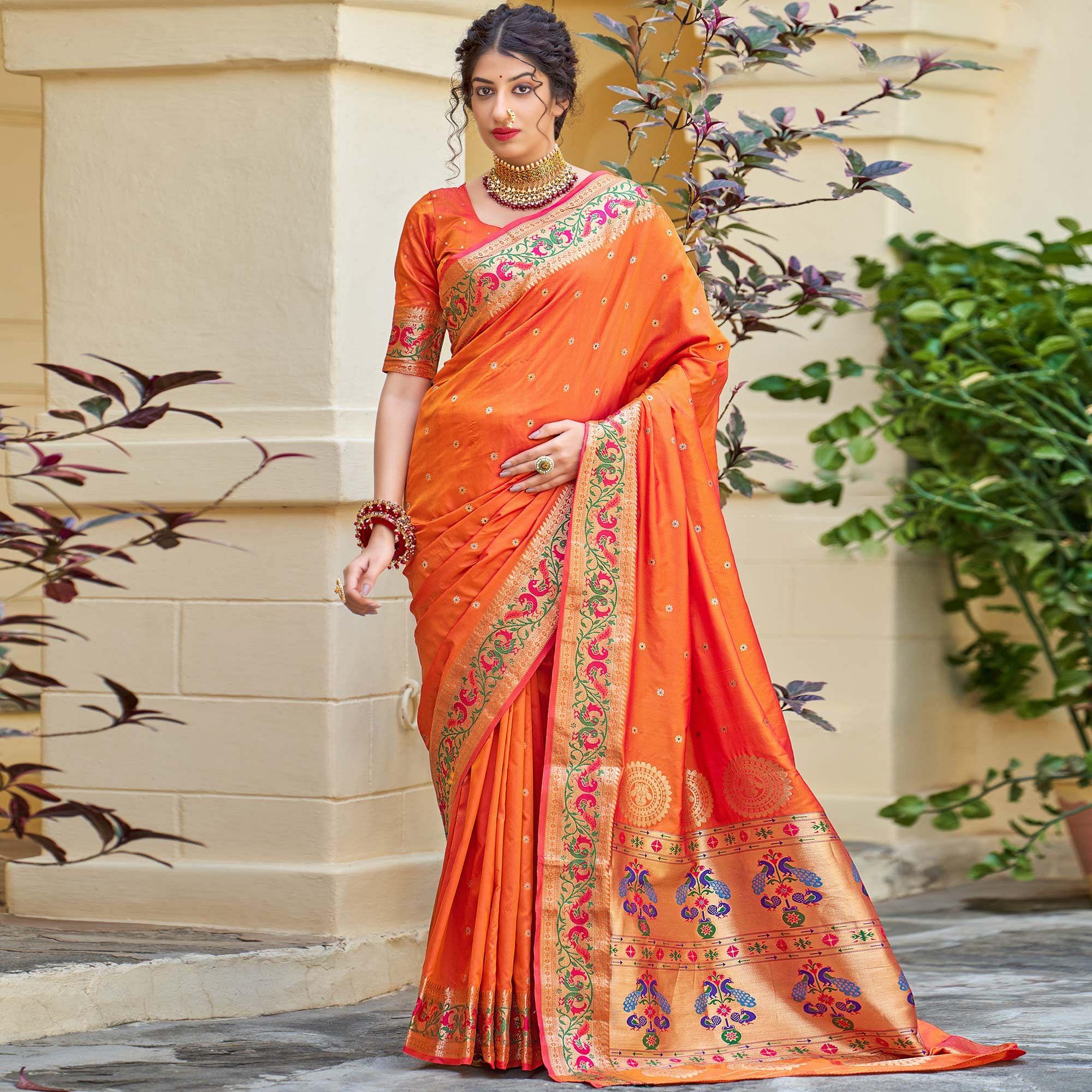 Orange Festive Wear Woven Soft Banarasi Silk Saree - Peachmode