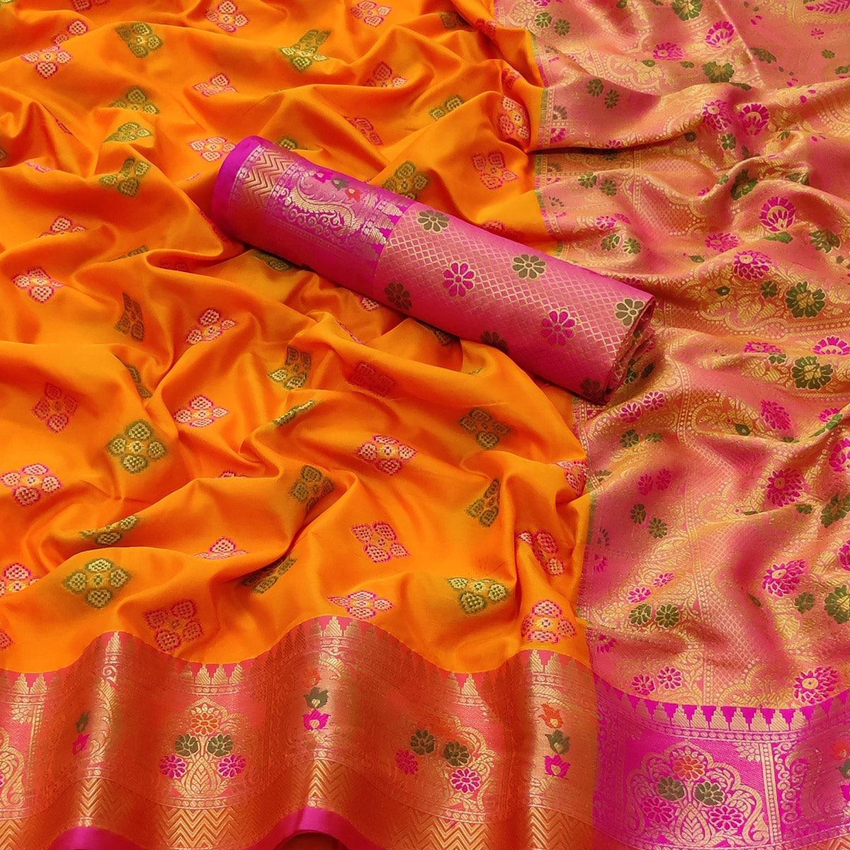 Orange Festive Wear Woven Soft Banarasi Silk Saree - Peachmode