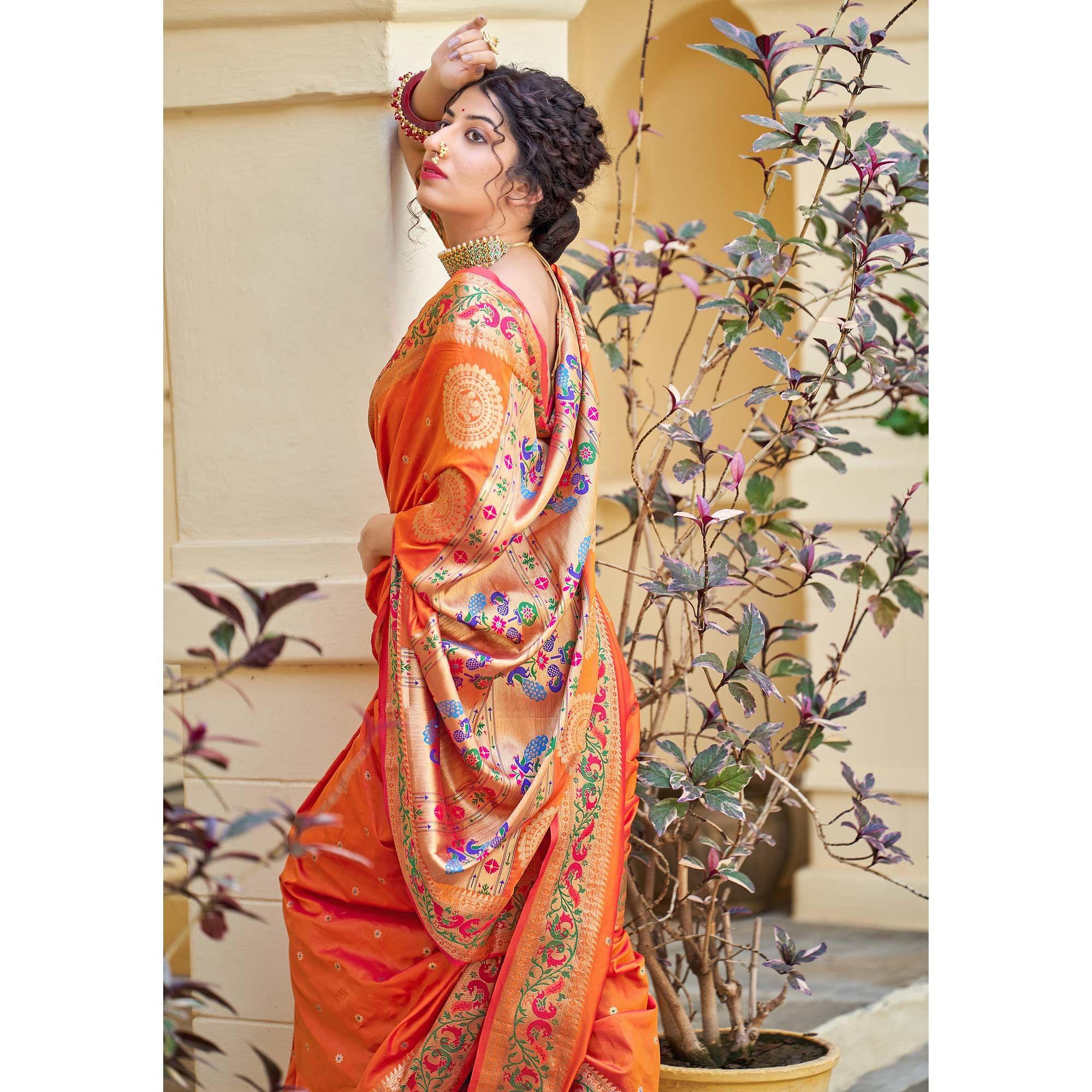 Orange Festive Wear Woven Soft Banarasi Silk Saree - Peachmode