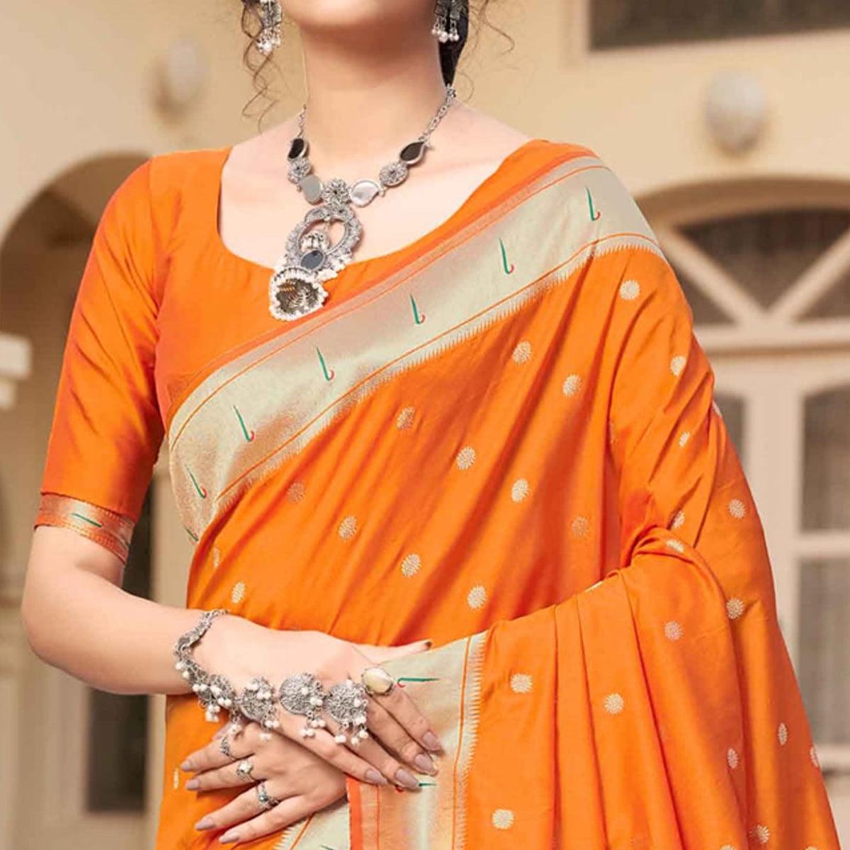 Orange Festive Wear Woven Soft Banarasi Silk Saree - Peachmode