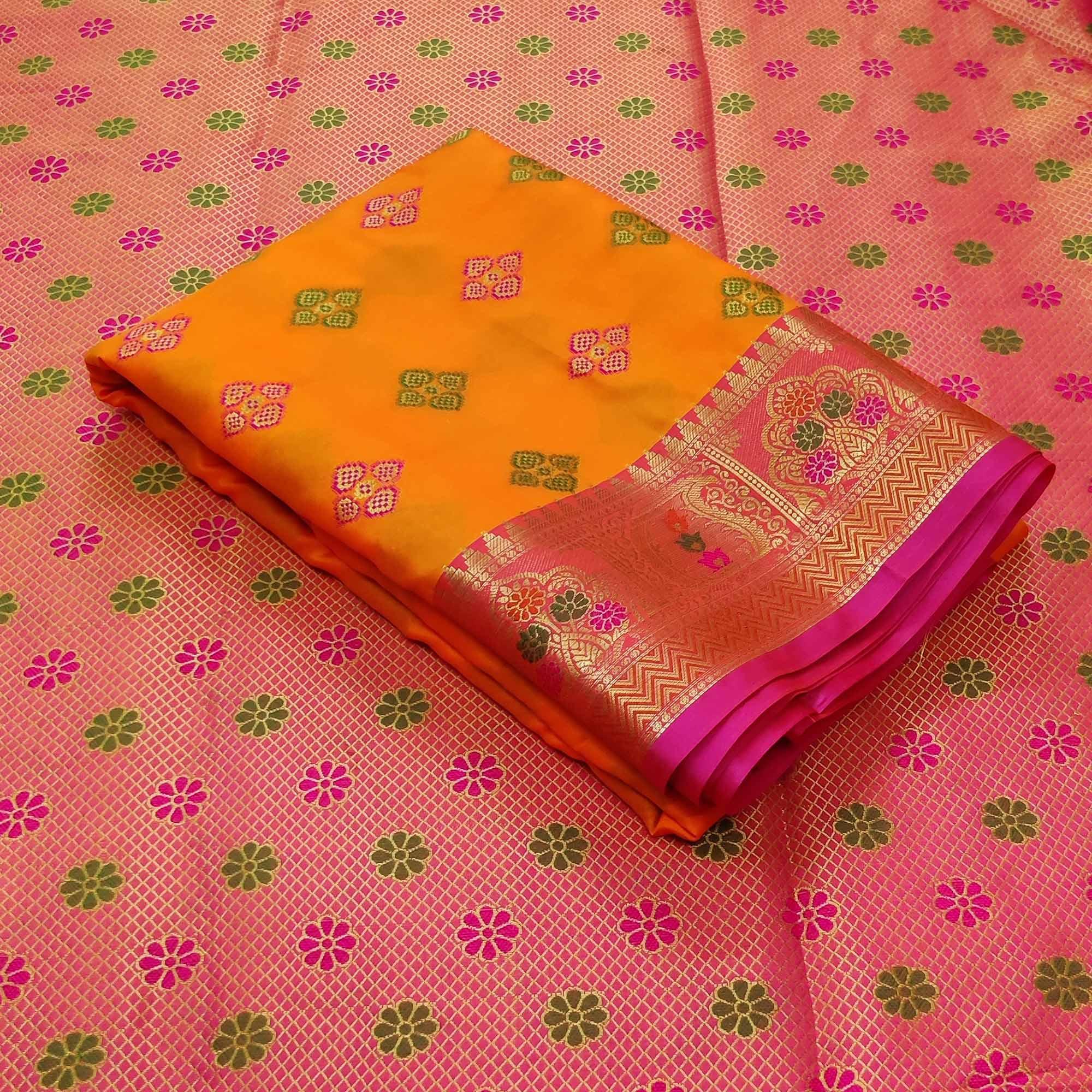 Orange Festive Wear Woven Soft Banarasi Silk Saree - Peachmode