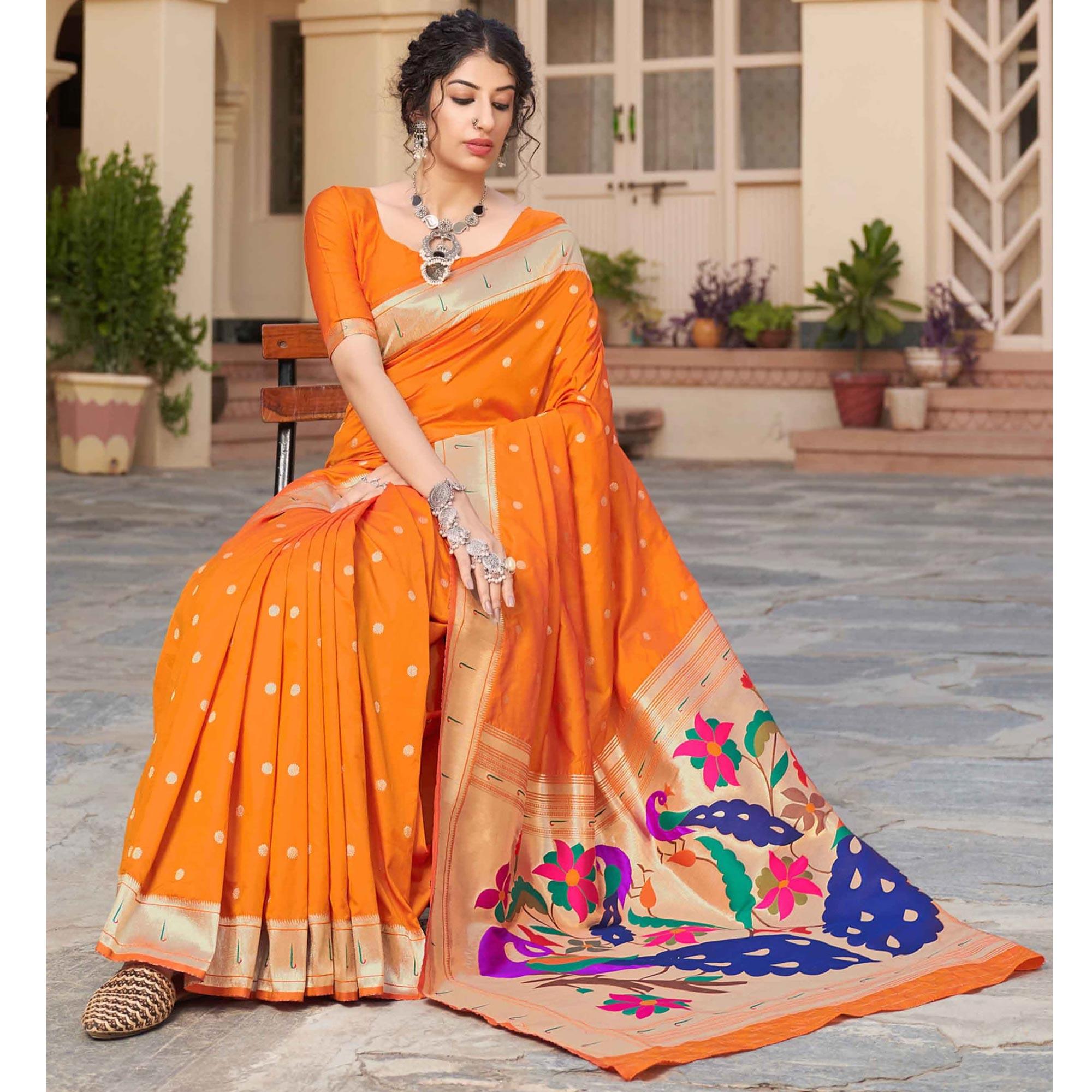 Orange Festive Wear Woven Soft Banarasi Silk Saree - Peachmode