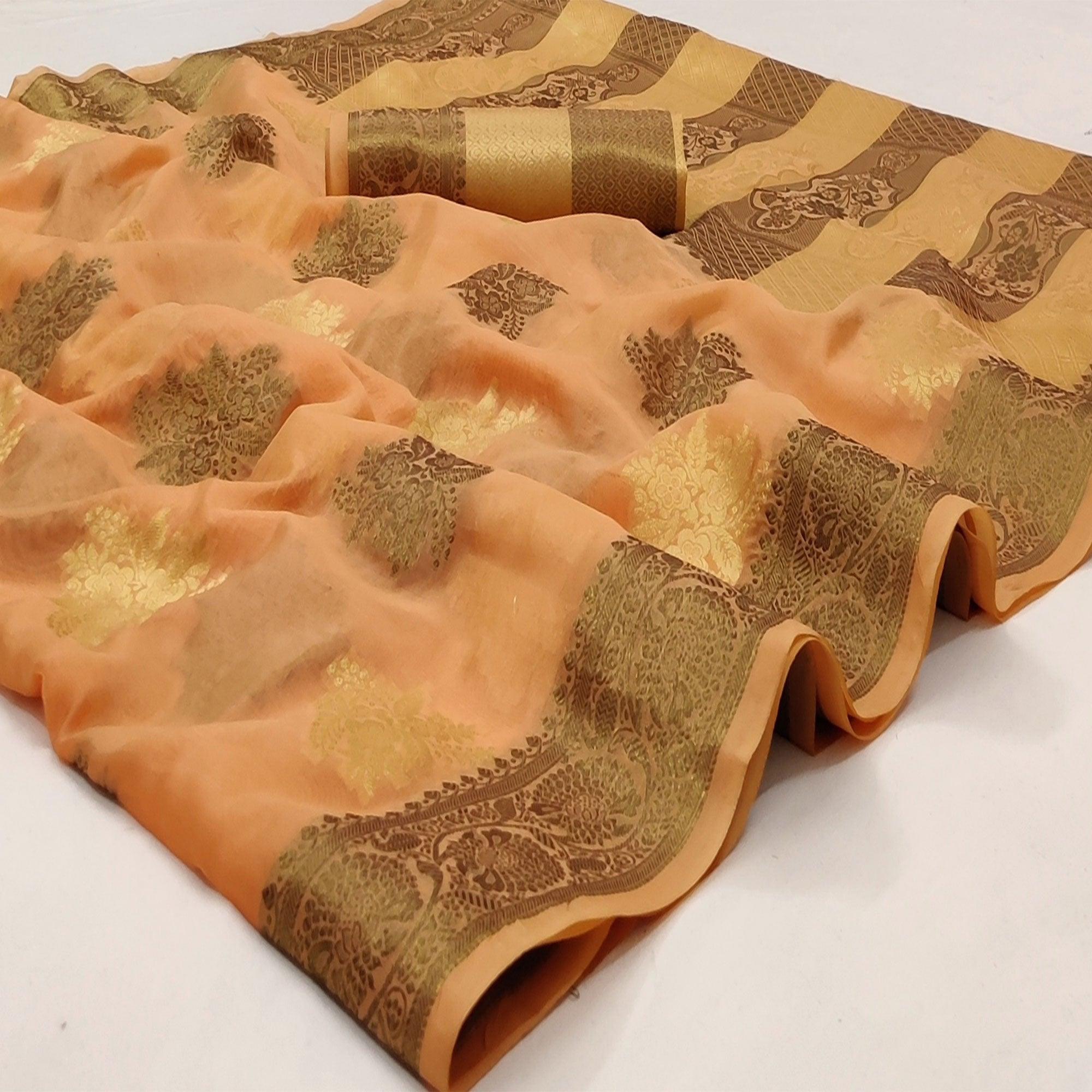Orange Festive Wear Woven Soft Organza Saree - Peachmode