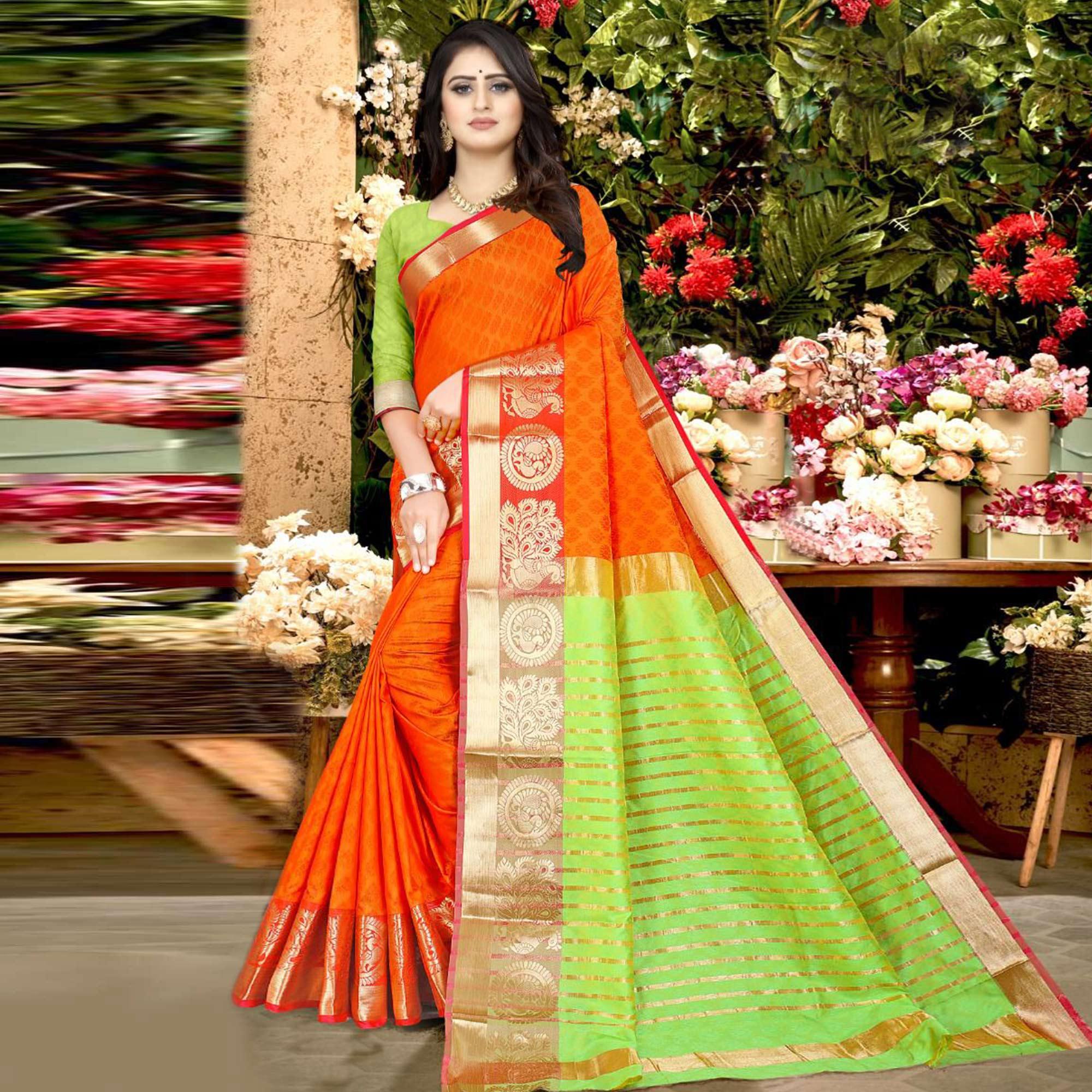 Orange Festive Wear Woven Soft Silk Saree - Peachmode