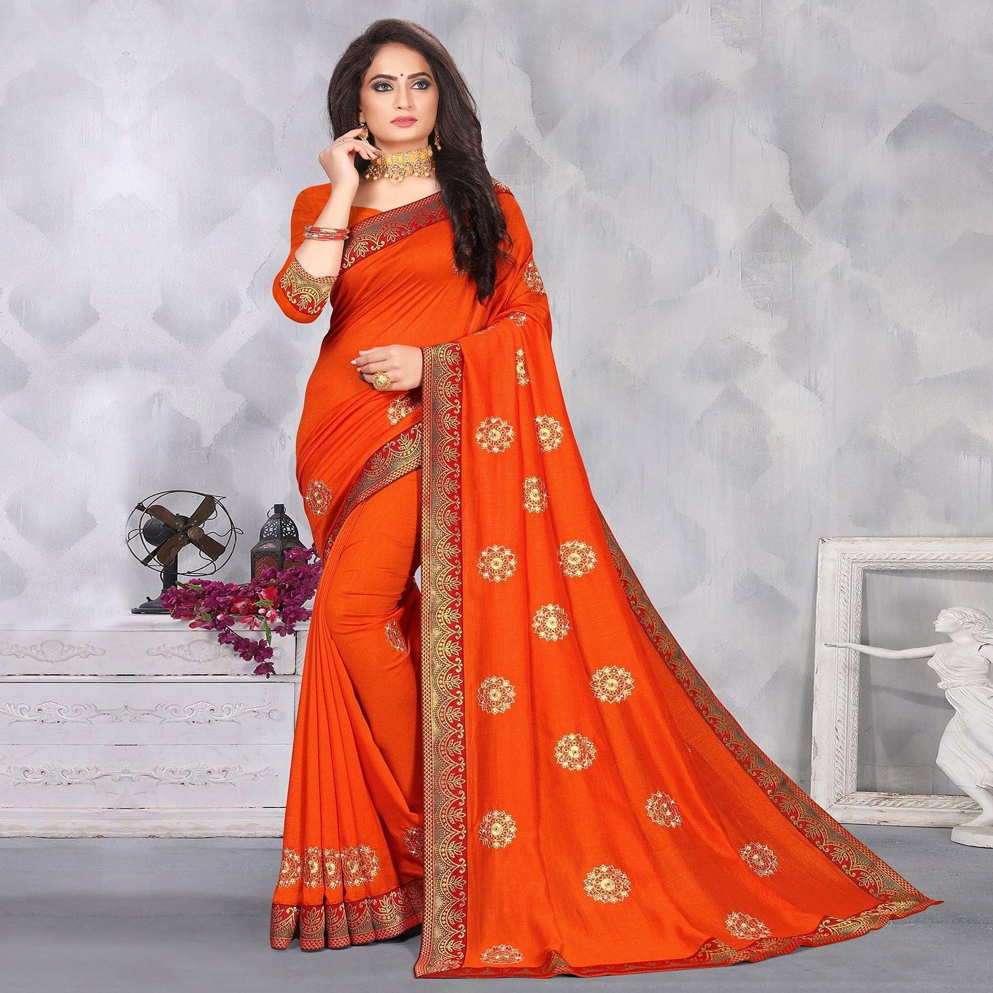 Orange Festive Wear Woven With Embellished Vichitra Silk Saree - Peachmode