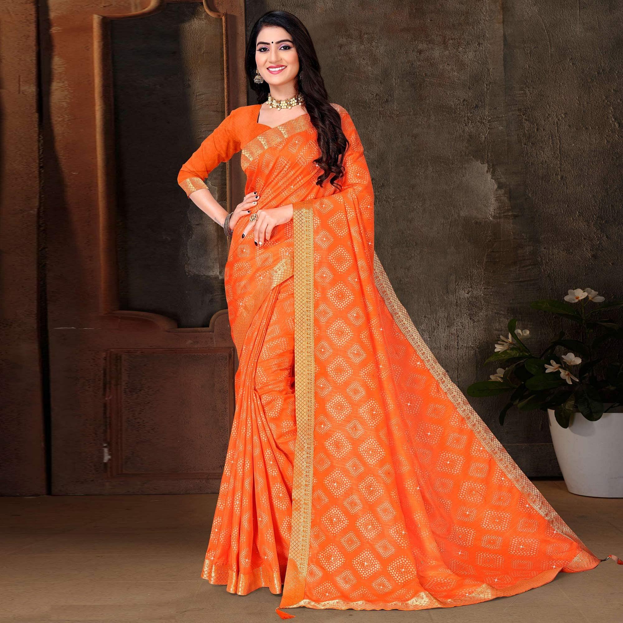 Orange Festive Wear Woven With Embellished Vichitra Silk Saree - Peachmode