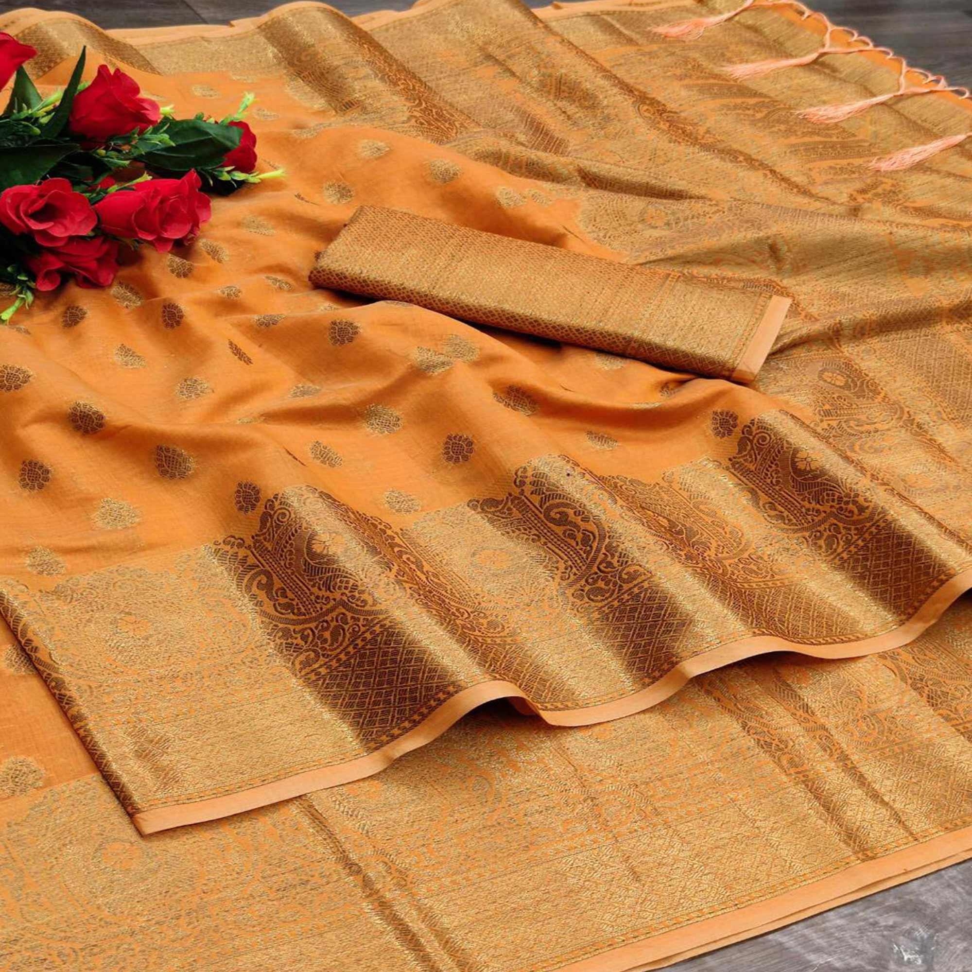 Orange Festive Wear Woven With Meena Butta Rich Pallu Cotton Saree - Peachmode