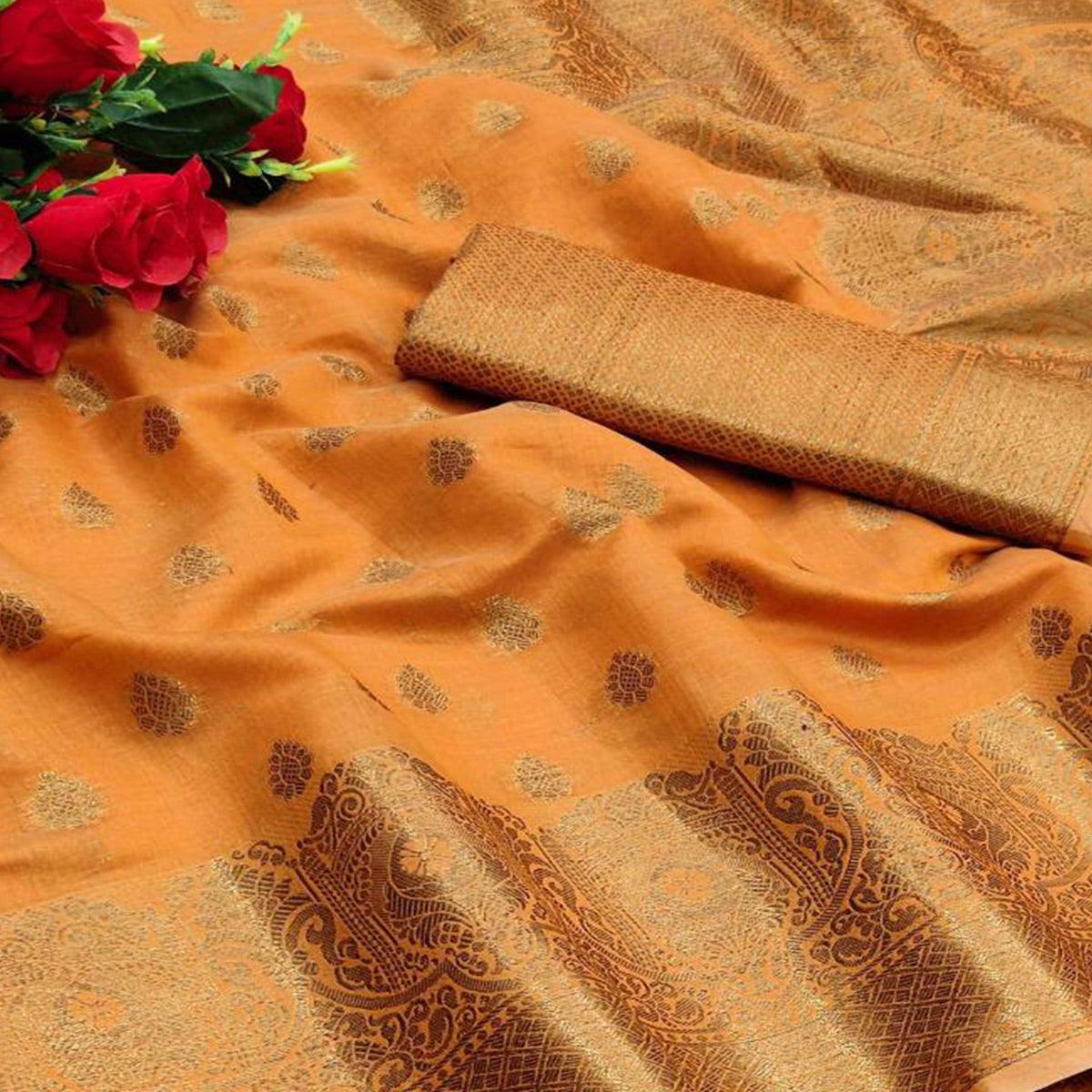 Orange Festive Wear Woven With Meena Butta Rich Pallu Cotton Saree - Peachmode