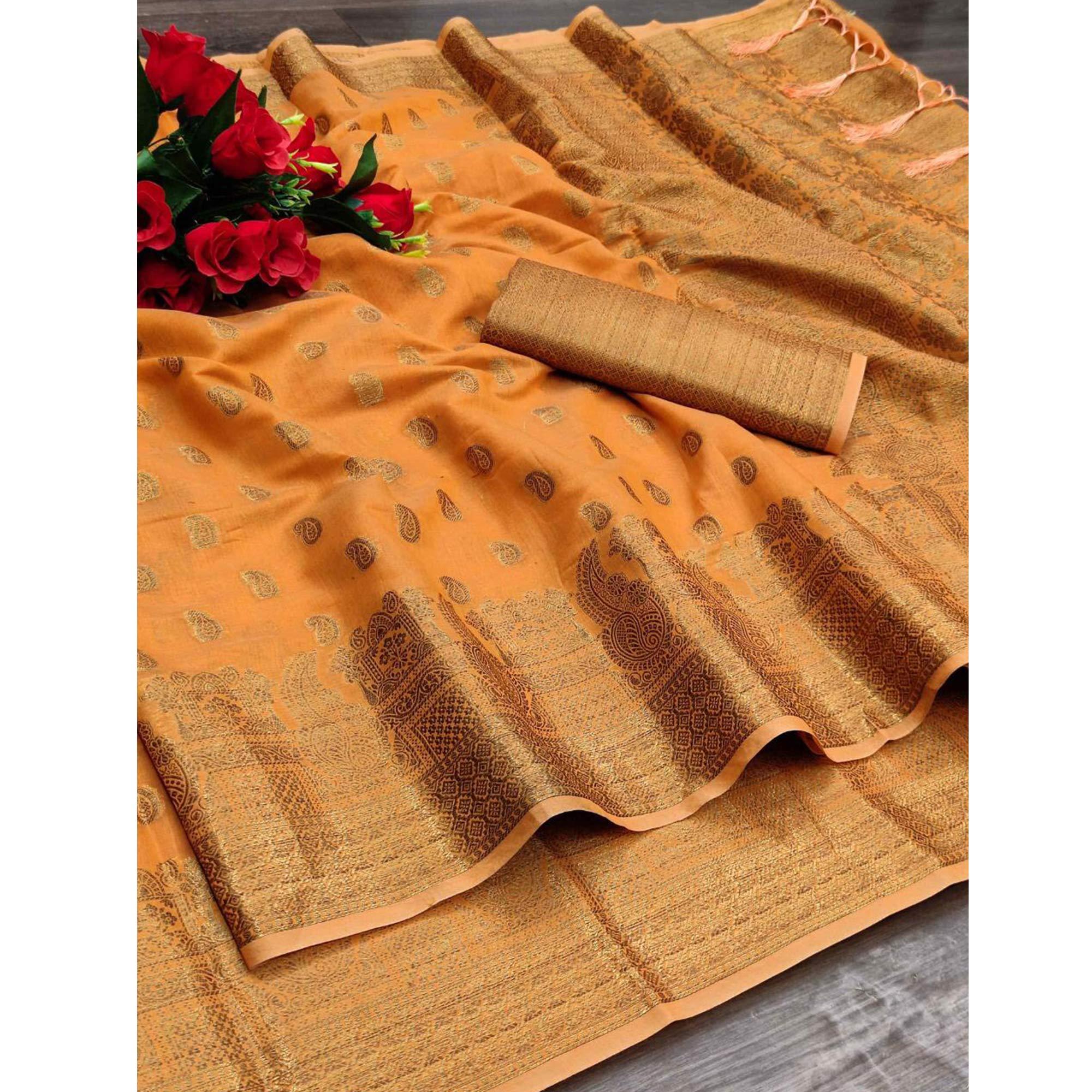 Orange Festive Wear Woven With Meena Butta Rich Pallu Cotton Saree - Peachmode