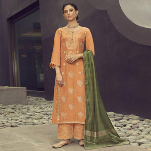 Orange Festive Wear Zari Weaving Work Silk Jacquard Palazzo Suit - Peachmode