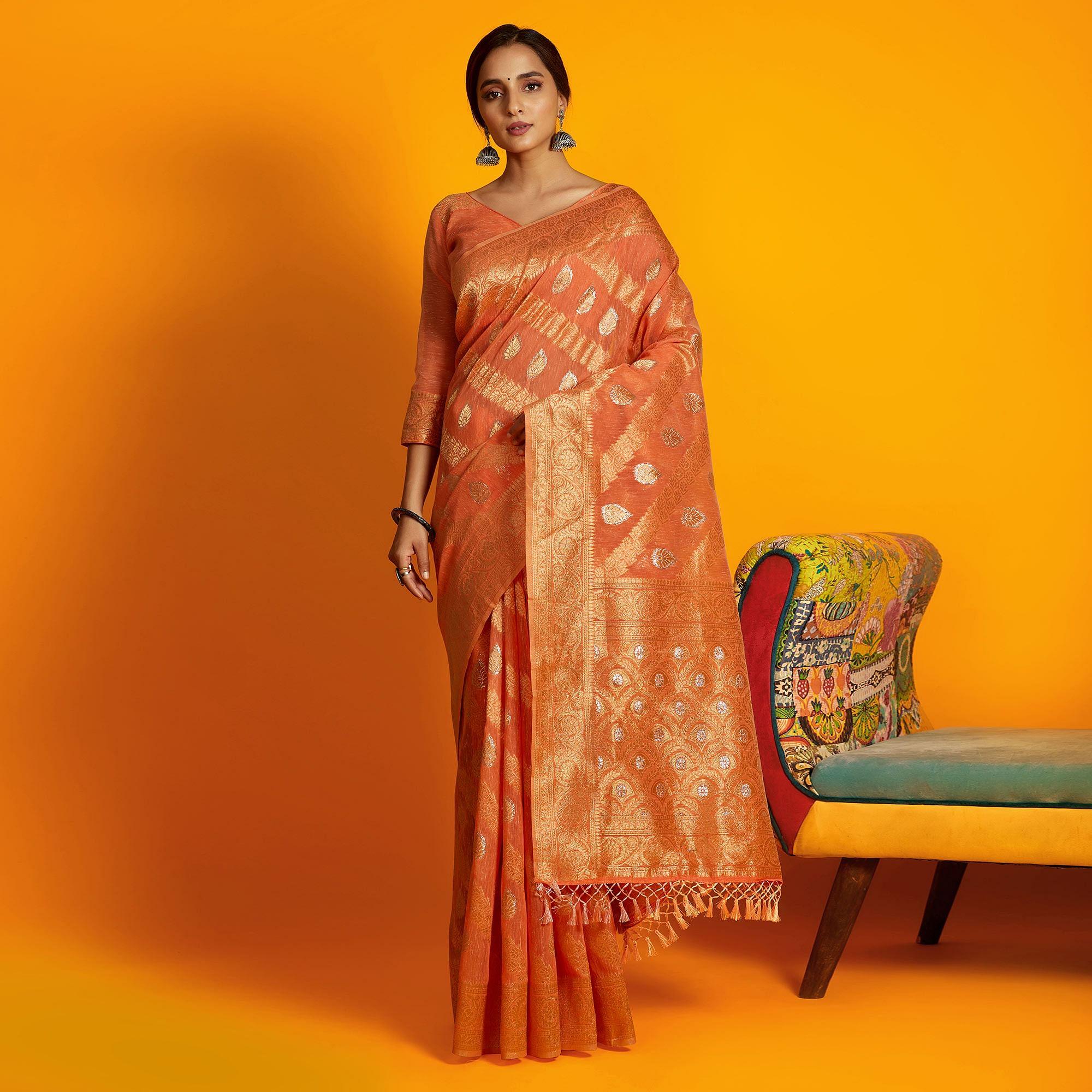 Orange Festive Wear Zari Work Cotton Saree - Peachmode