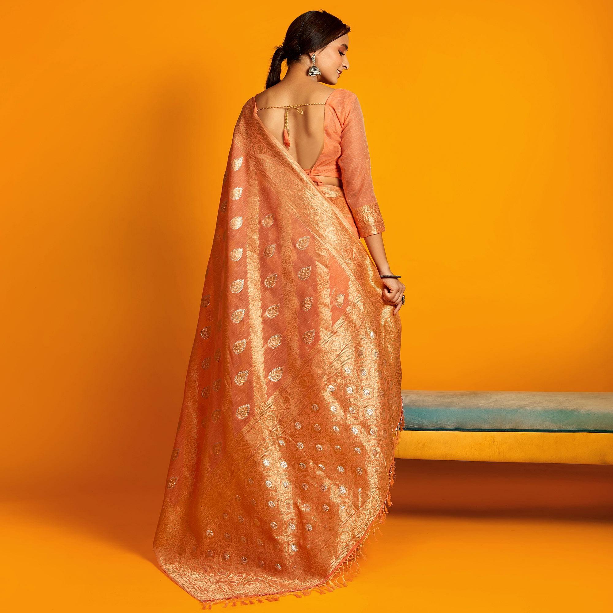 Orange Festive Wear Zari Work Cotton Saree - Peachmode