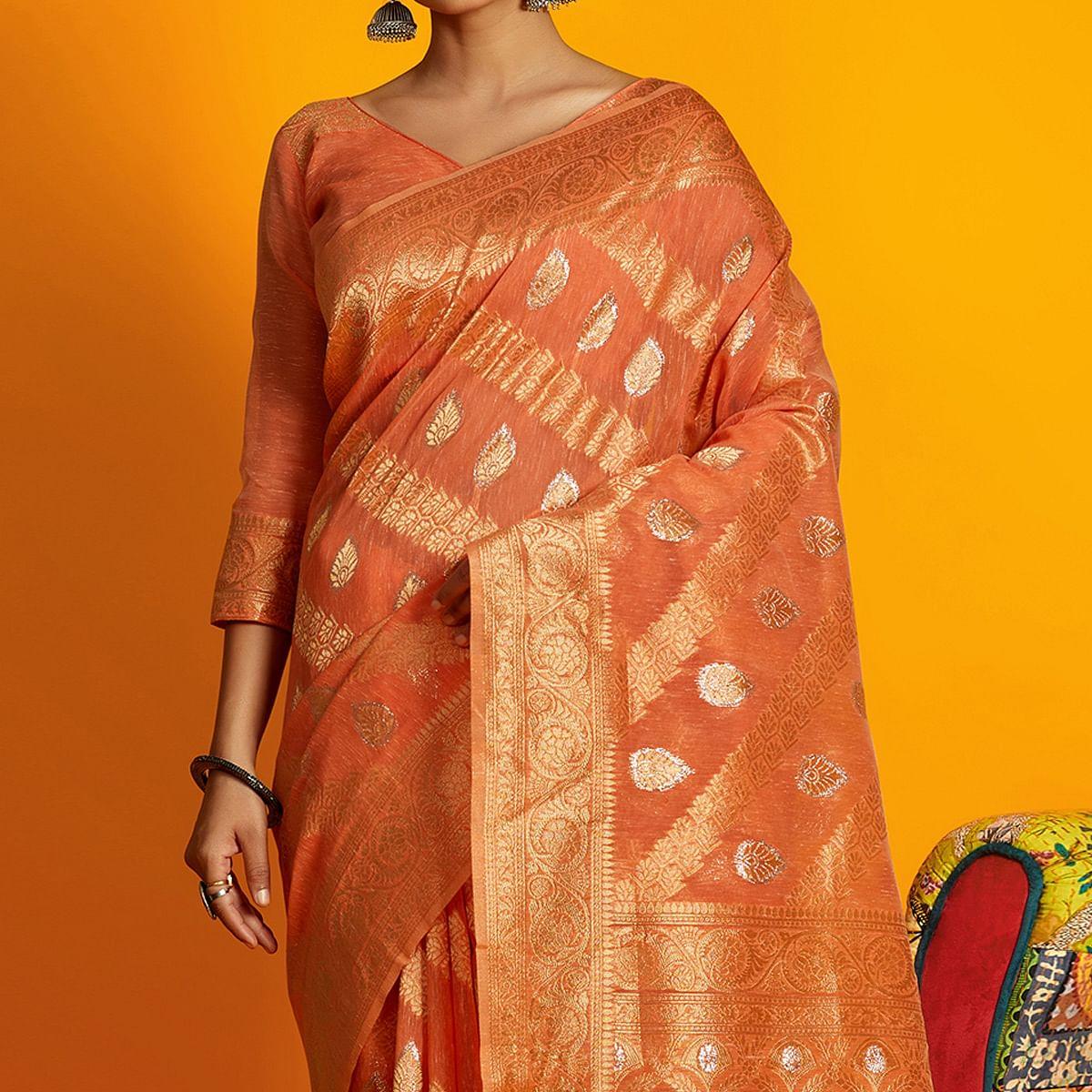 Orange Festive Wear Zari Work Cotton Saree - Peachmode