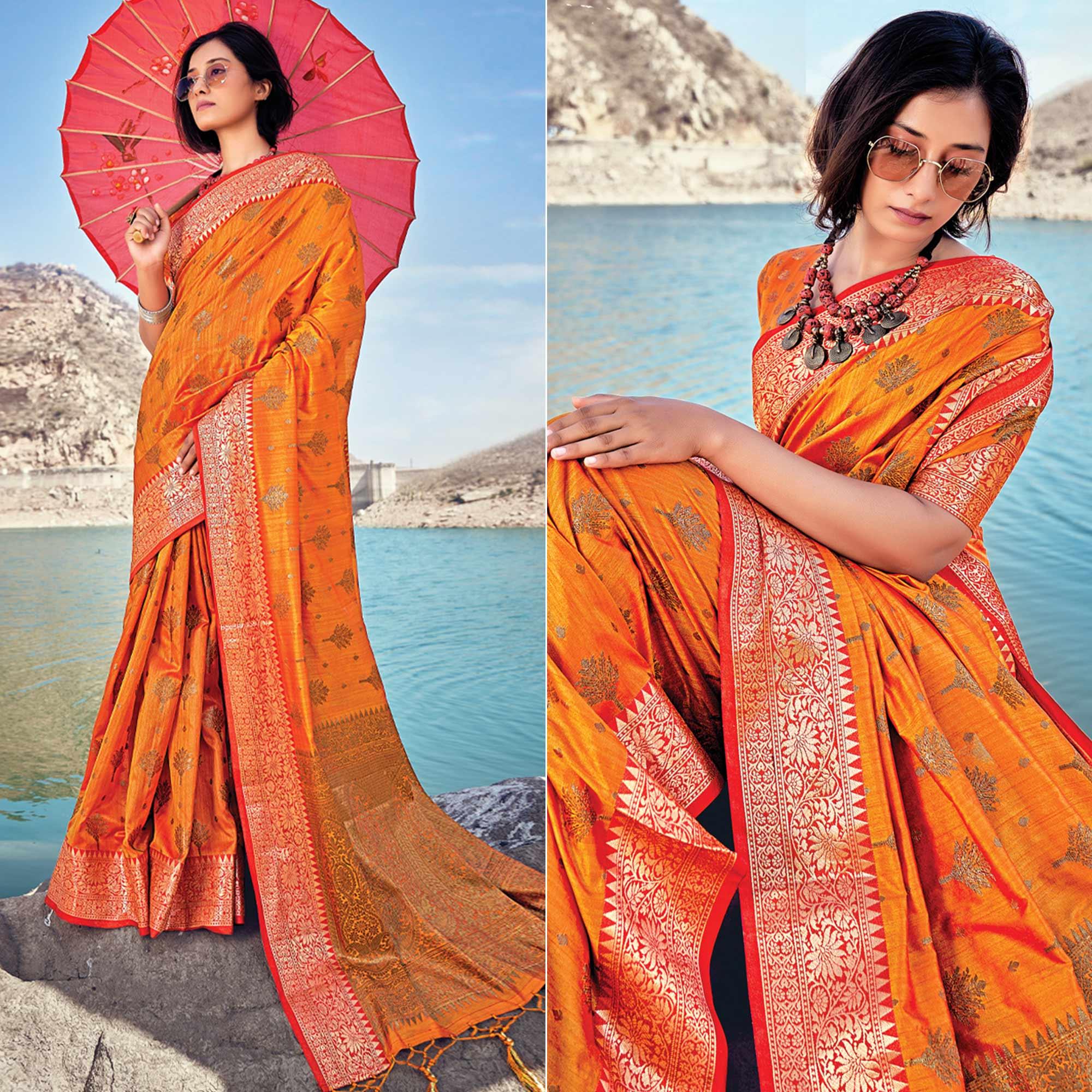 Orange Festive Wear Zari Woven Banarasi Silk Saree - Peachmode