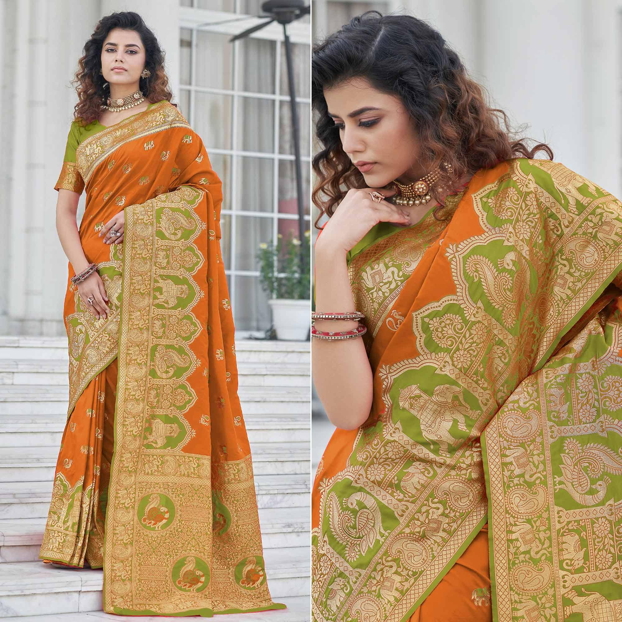 Orange Festive Wear Zari Woven Banarasi Silk Saree - Peachmode