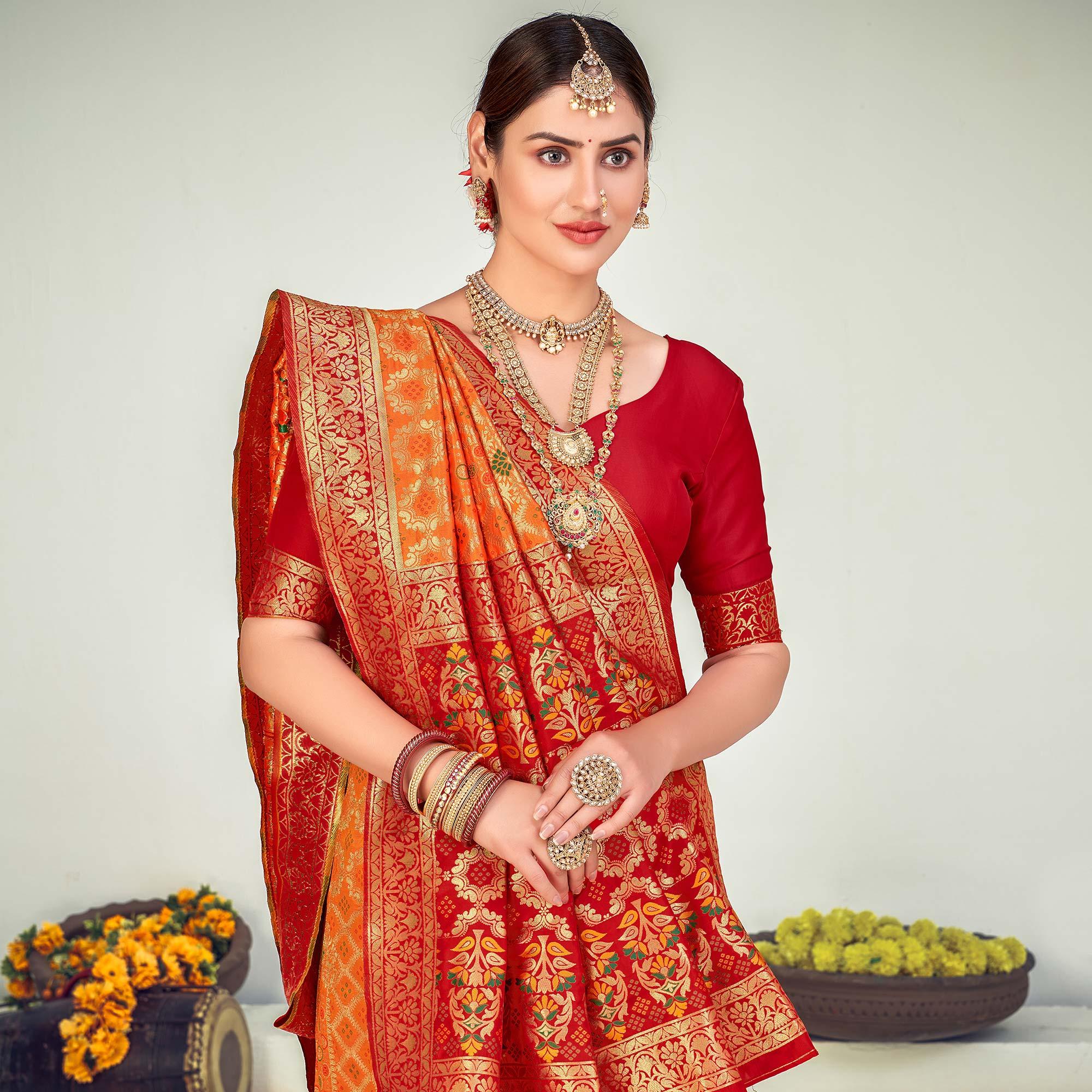 Orange Festive Wear Zari Woven Banarasi Silk Saree - Peachmode