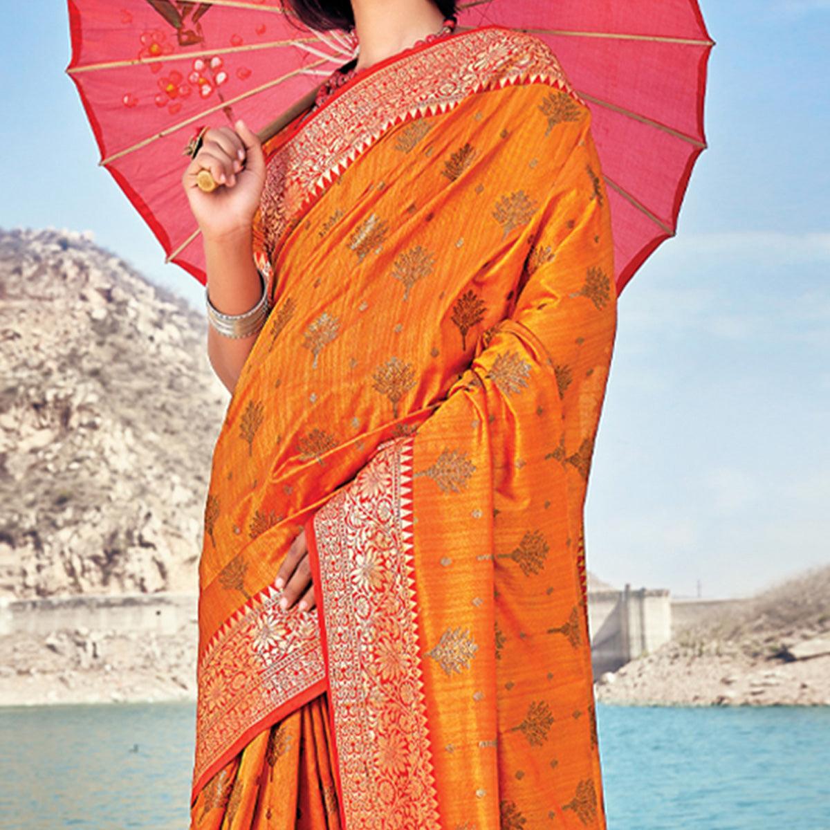Orange Festive Wear Zari Woven Banarasi Silk Saree - Peachmode