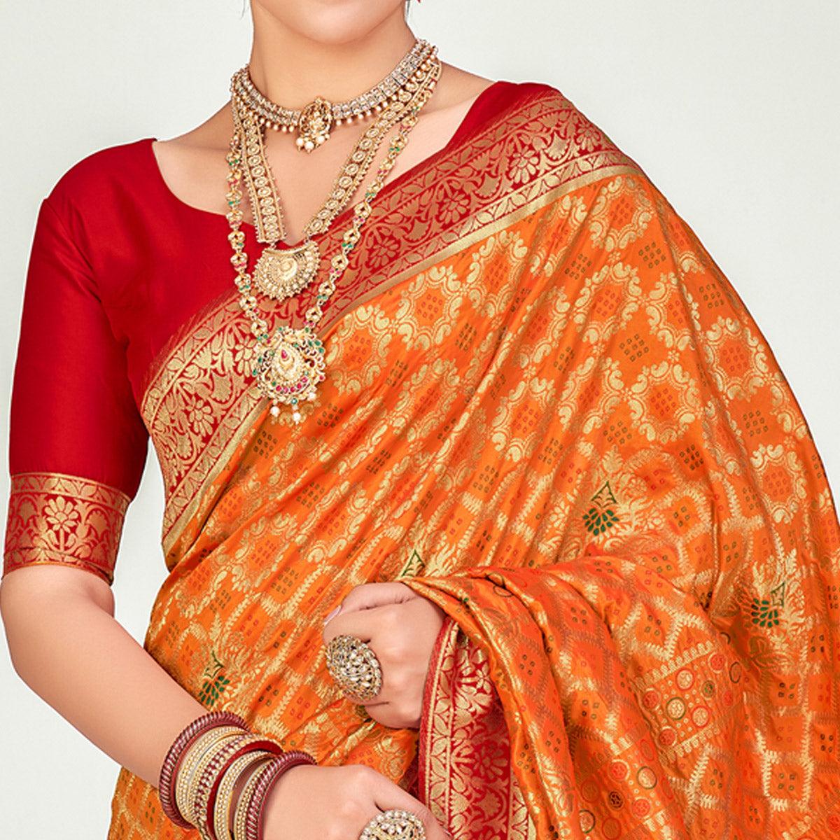 Orange Festive Wear Zari Woven Banarasi Silk Saree - Peachmode