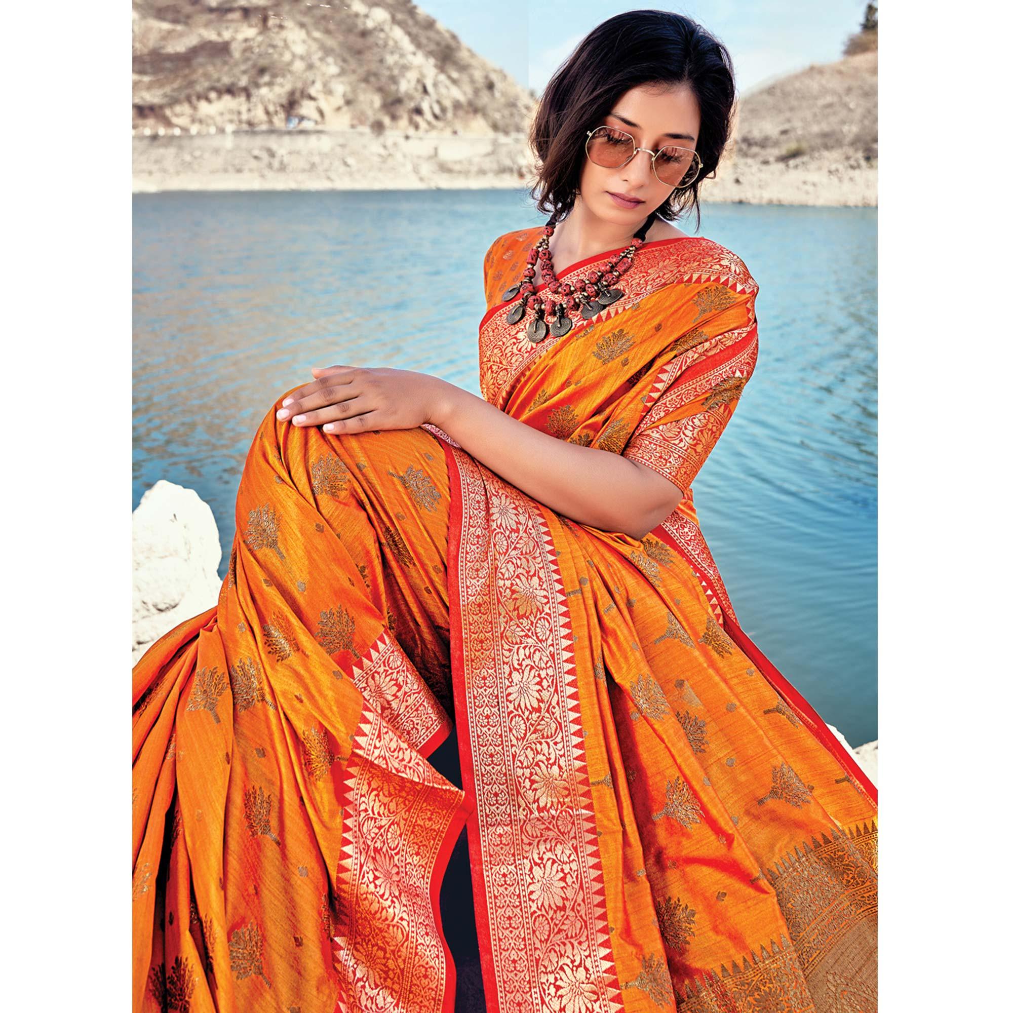 Orange Festive Wear Zari Woven Banarasi Silk Saree - Peachmode