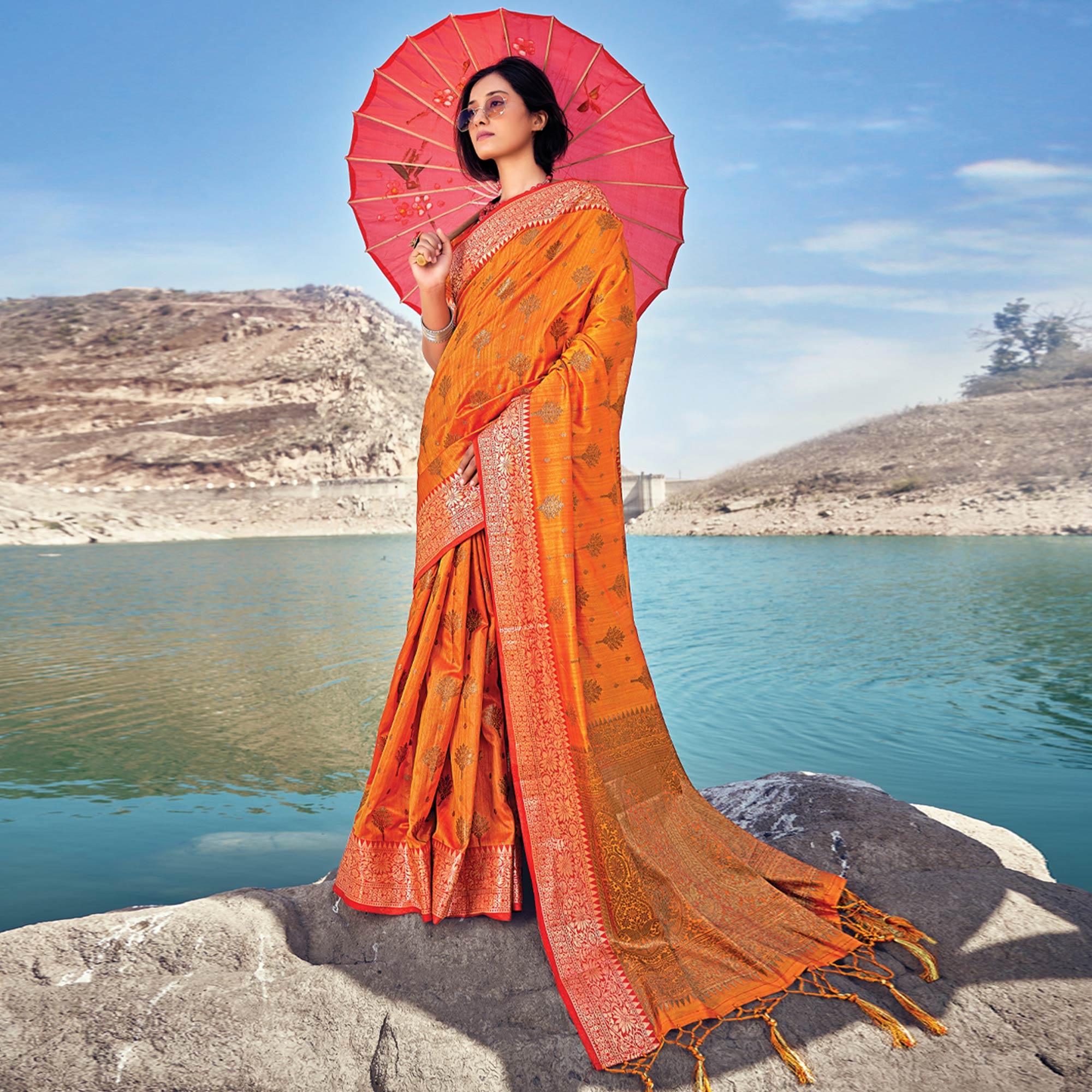 Orange Festive Wear Zari Woven Banarasi Silk Saree - Peachmode