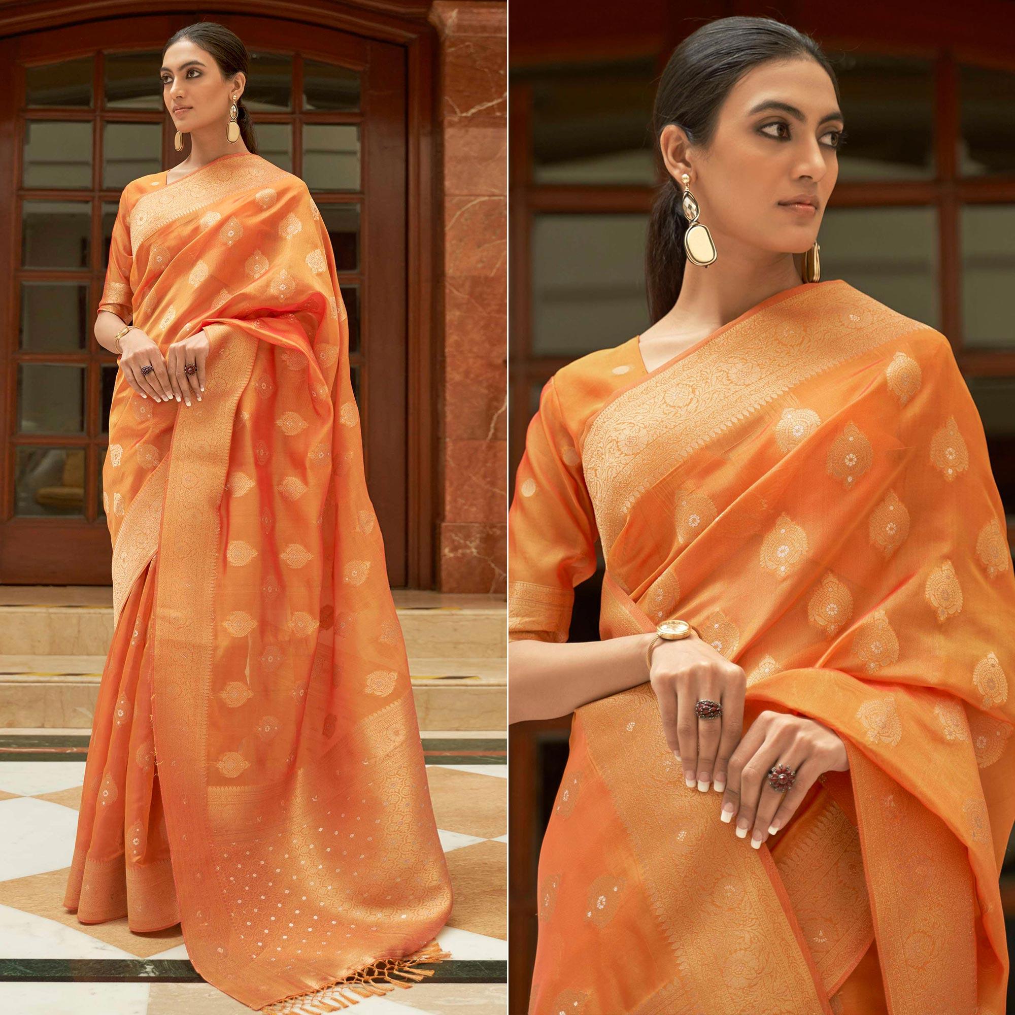 Orange Festive Wear Zari Woven Organza Silk Saree With Tassels - Peachmode