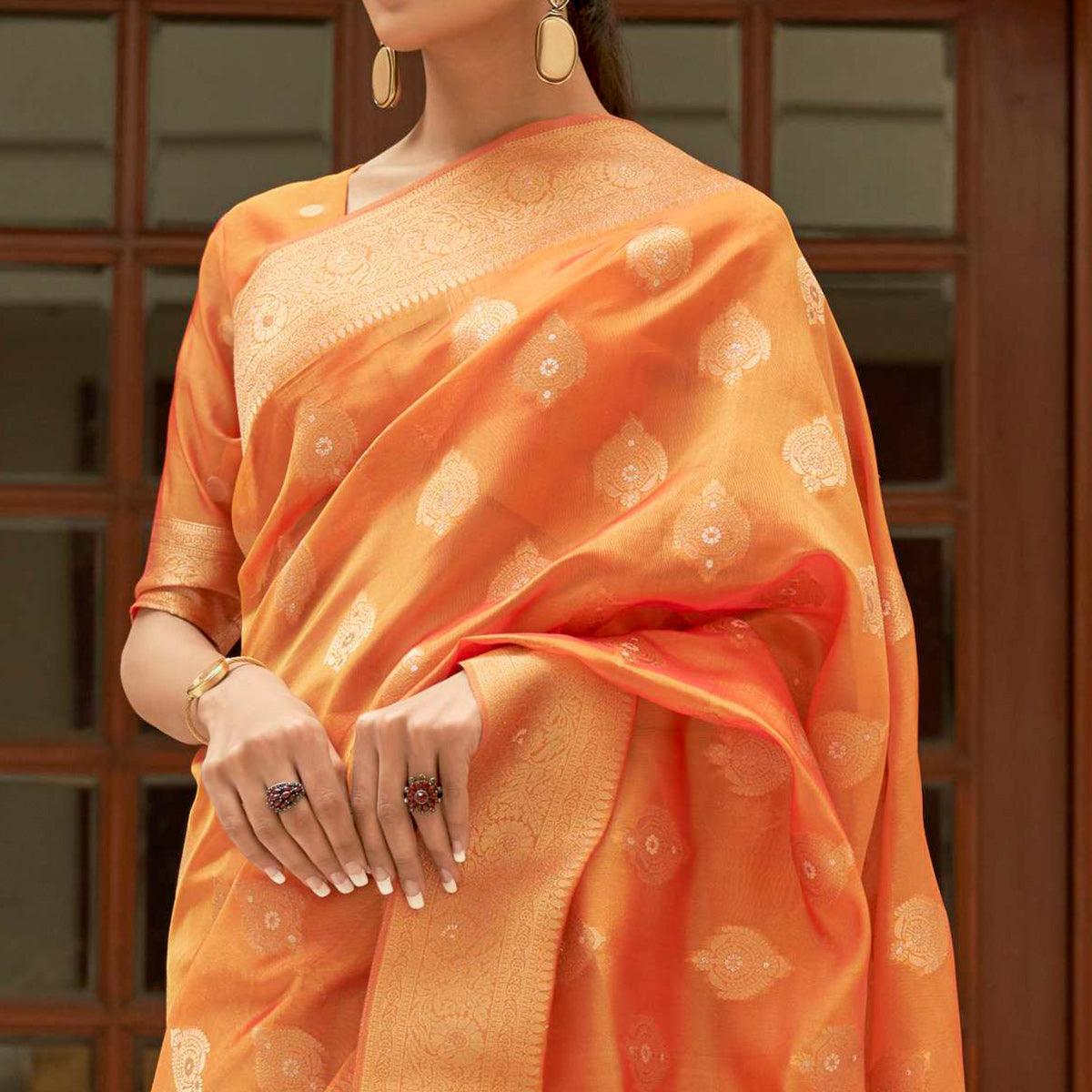 Orange Festive Wear Zari Woven Organza Silk Saree With Tassels - Peachmode