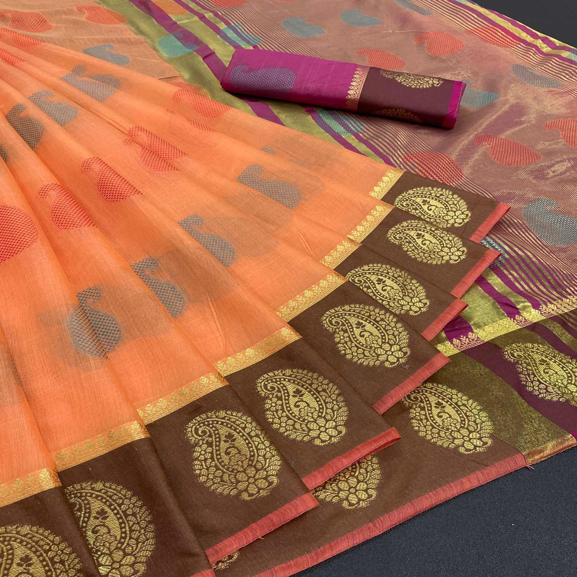 Orange Festive Wear Zari Woven Soft Cotton Silk Saree - Peachmode