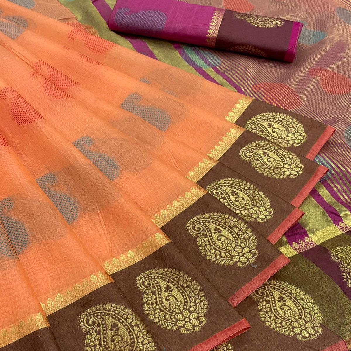 Orange Festive Wear Zari Woven Soft Cotton Silk Saree - Peachmode