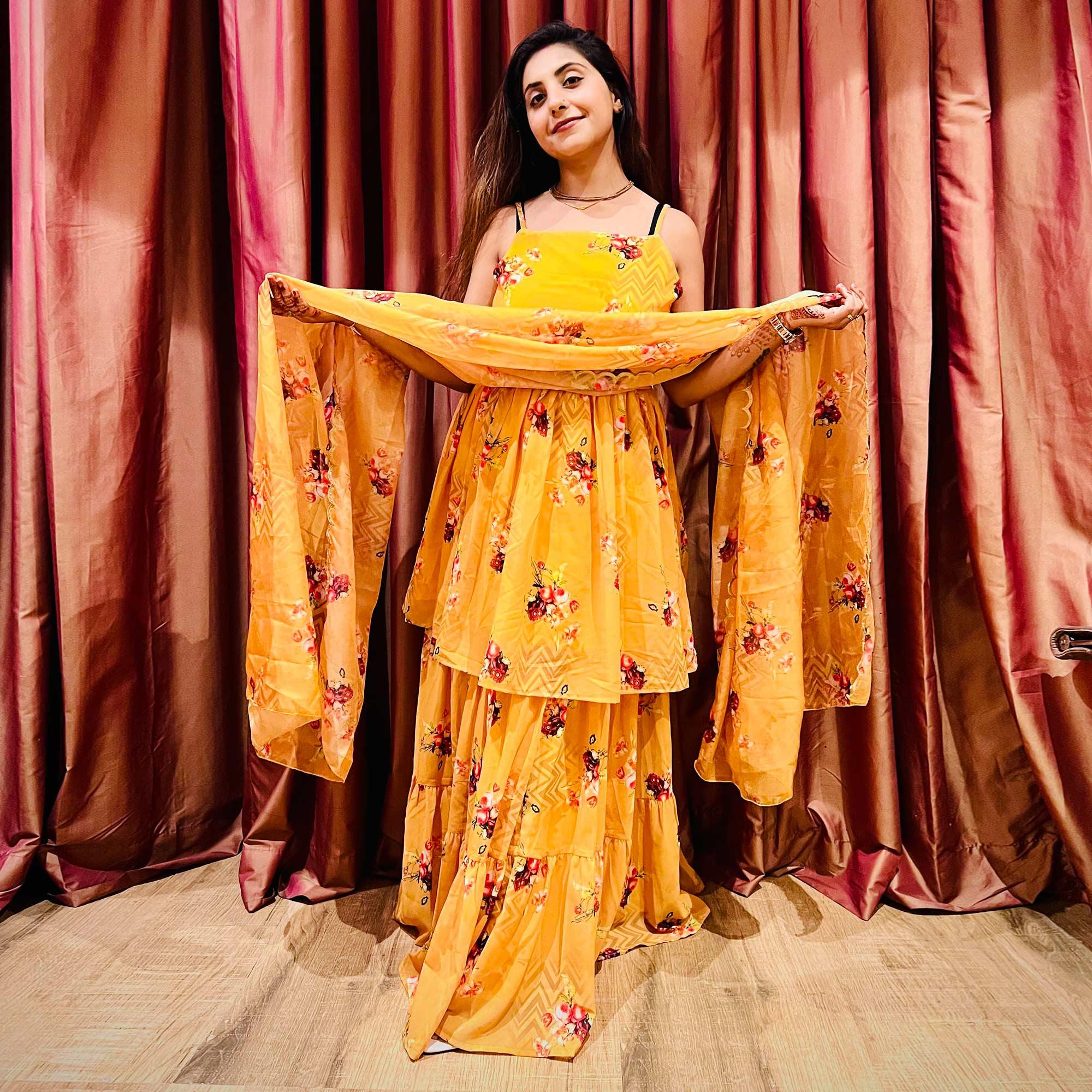 Orange Floral Digital Printed Georgette Sharara Suit - Peachmode