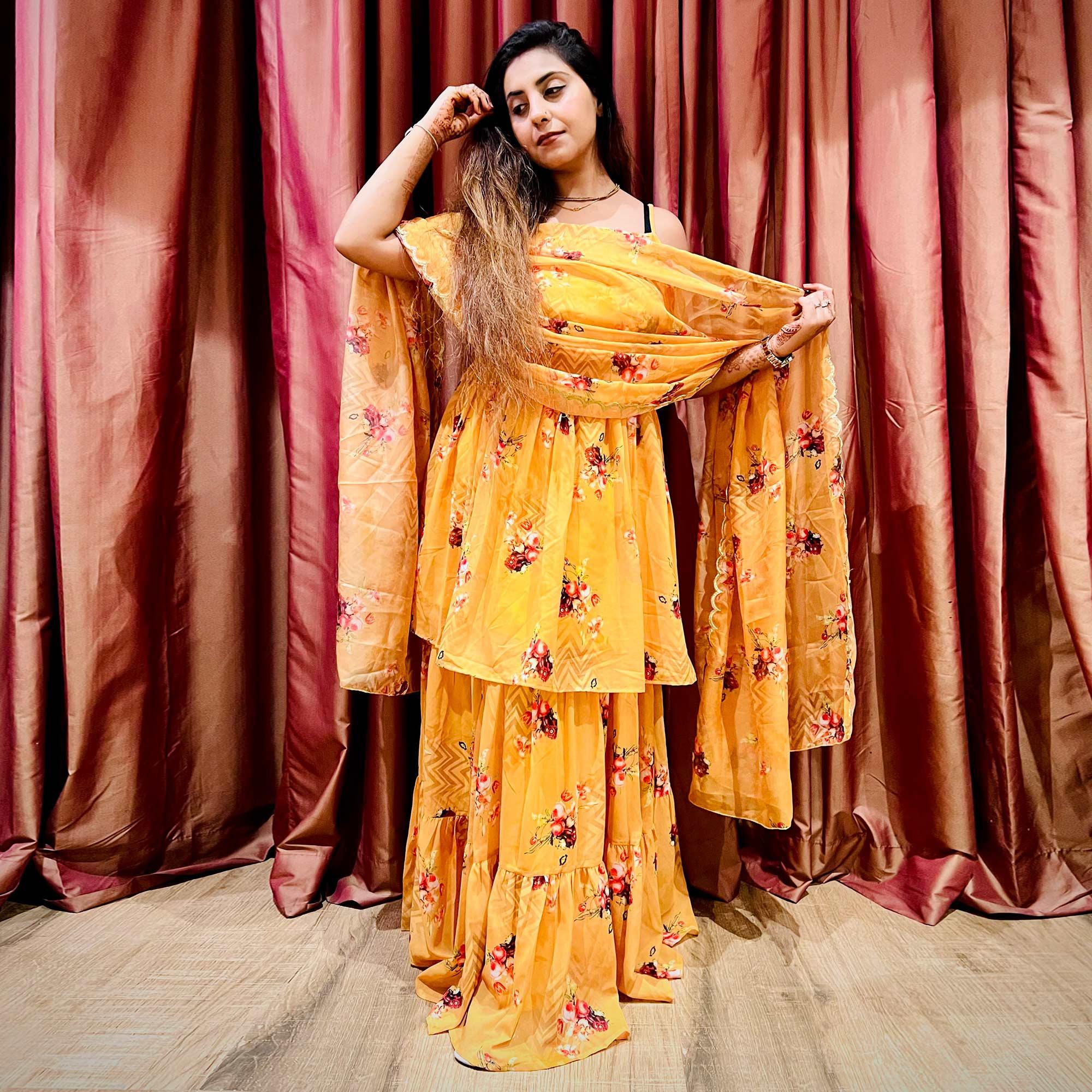 Orange Floral Digital Printed Georgette Sharara Suit - Peachmode