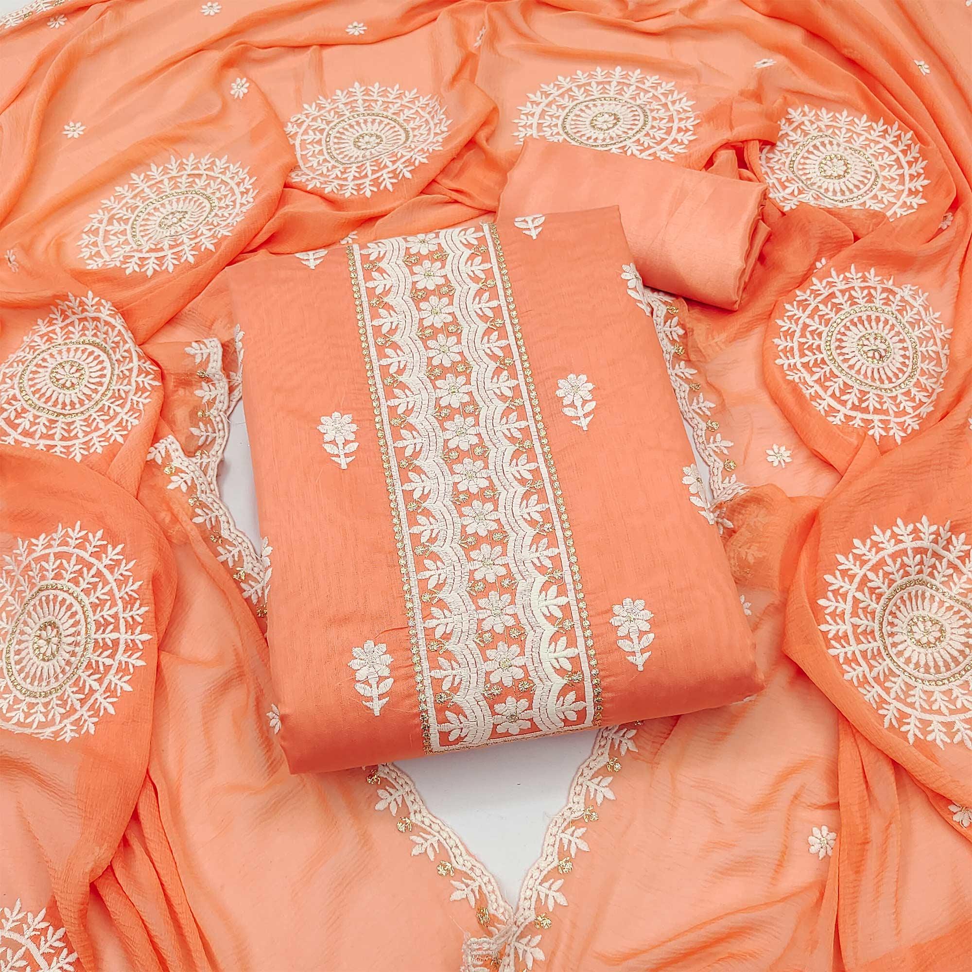 Orange Floral Embroidered Chaderi Dress Material - Peachmode