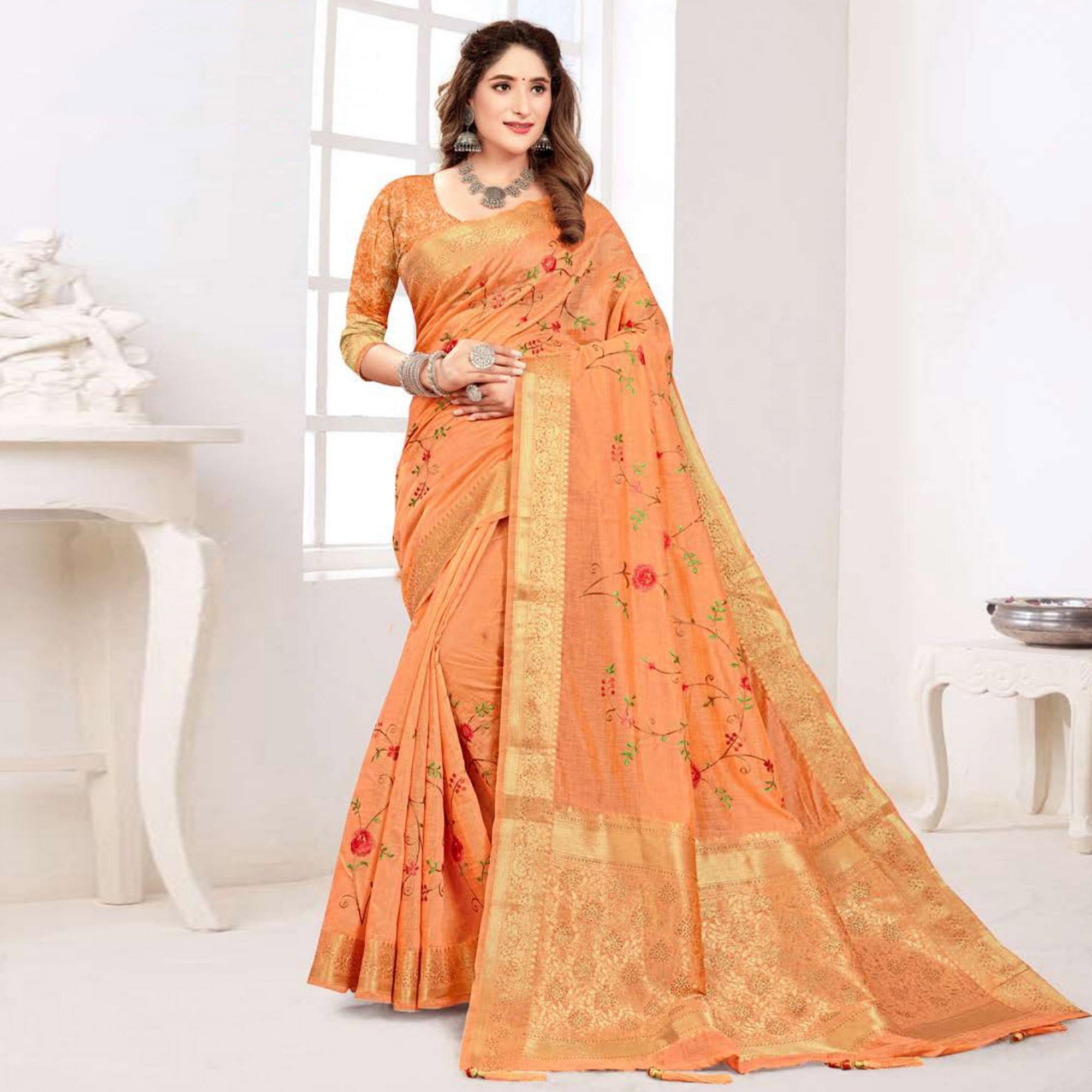 Orange Floral Embroidered Cotton Silk Saree With Tassels - Peachmode