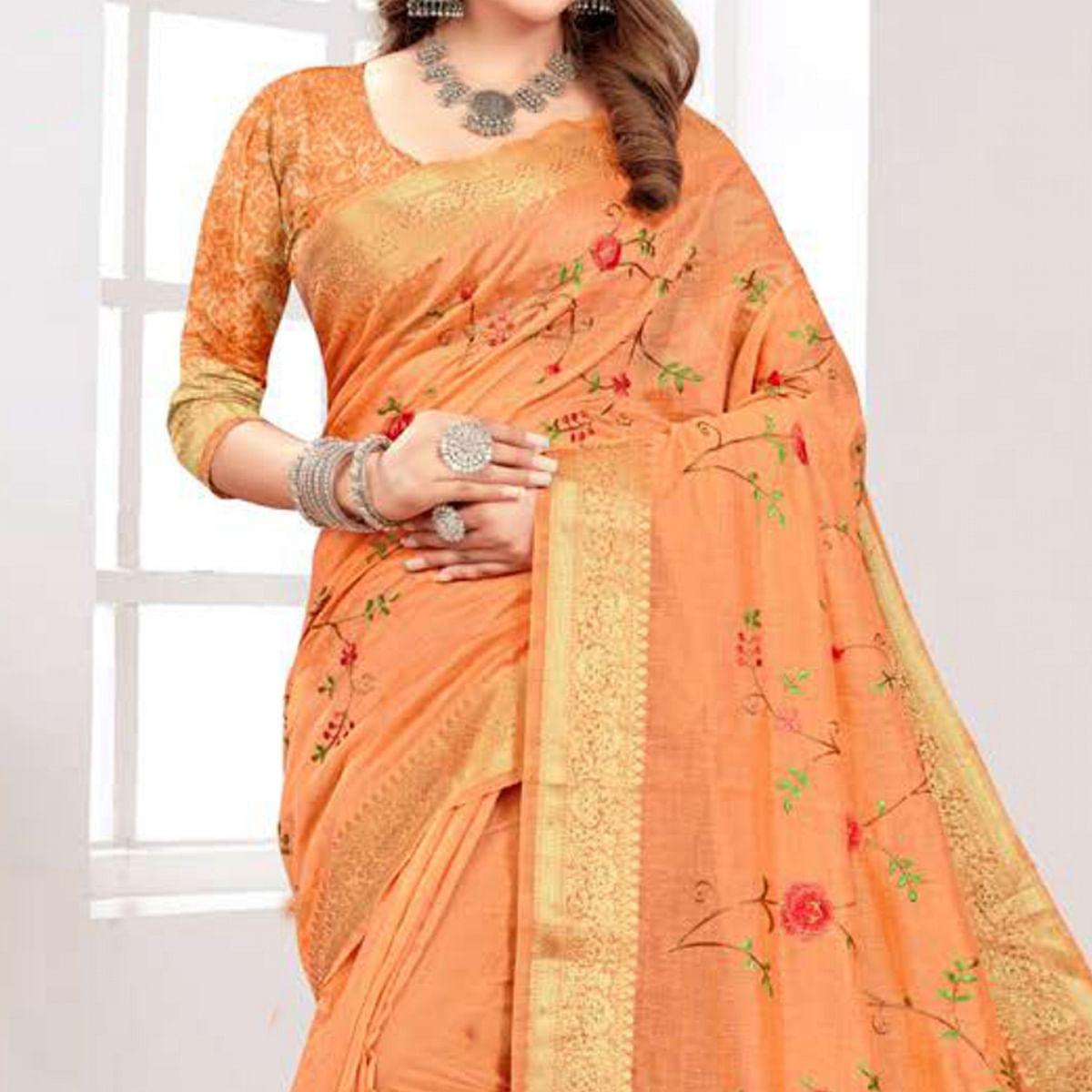 Orange Floral Embroidered Cotton Silk Saree With Tassels - Peachmode
