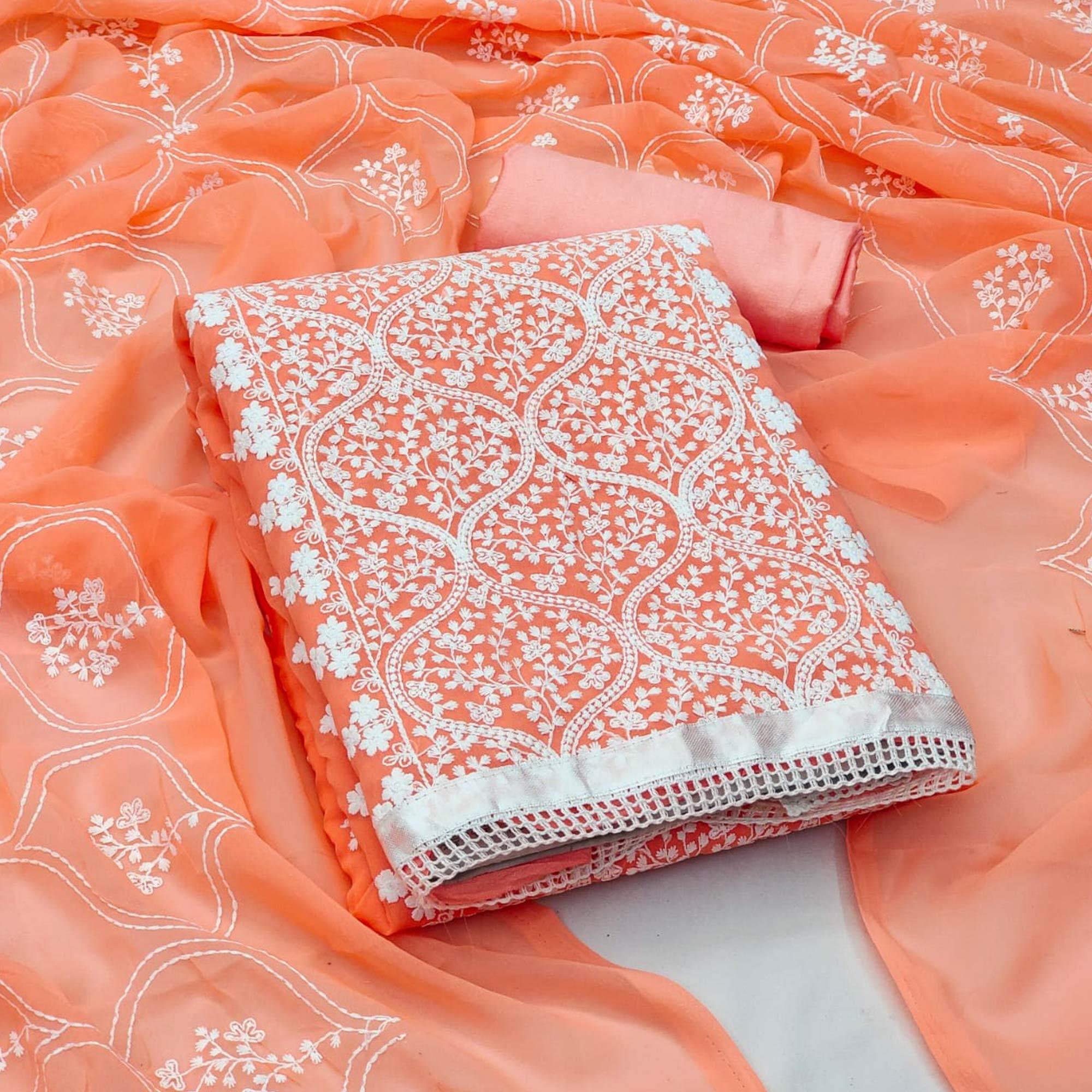 Orange Floral Embroidered Georgette Dress Material - Peachmode