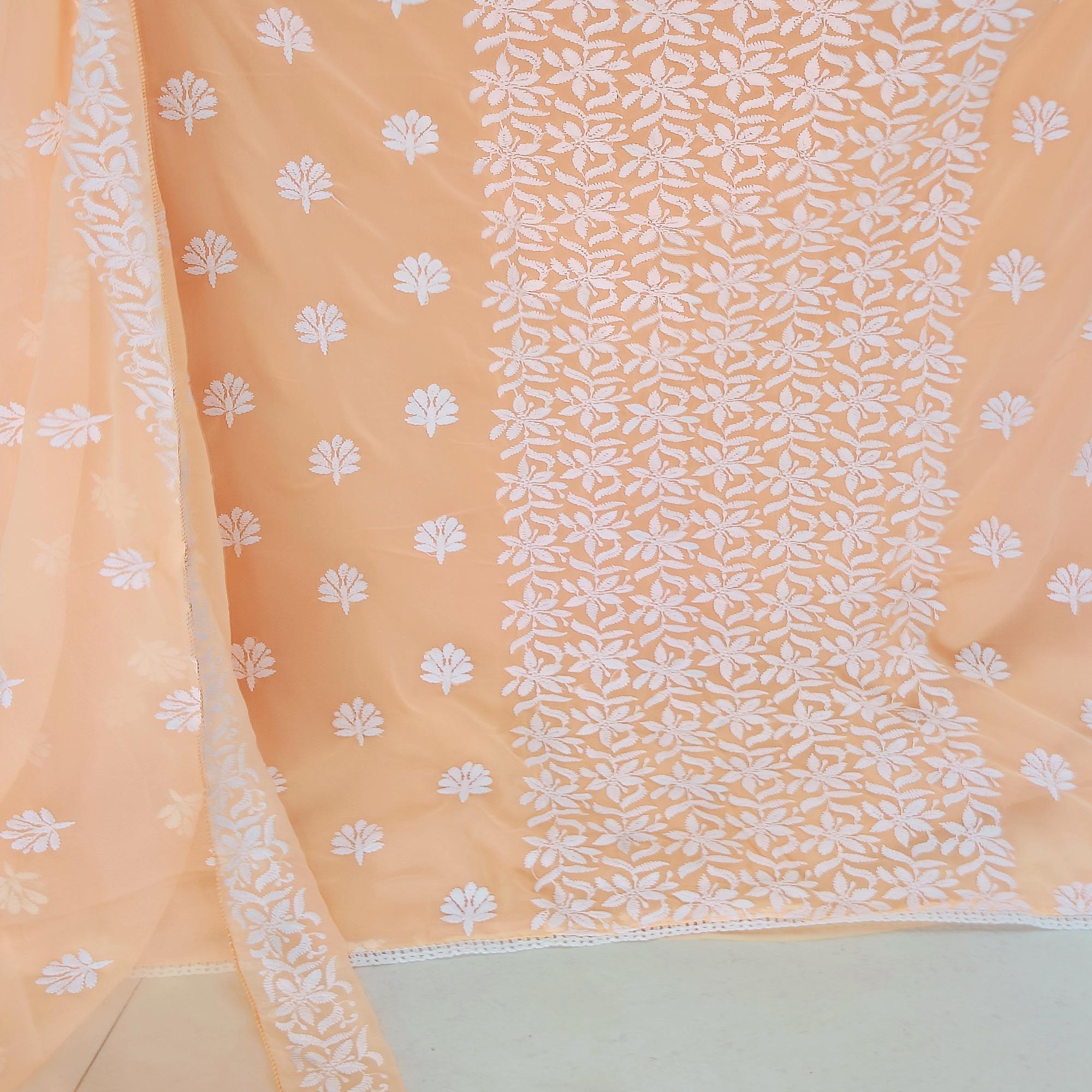 Orange Floral Embroidered Georgette Dress Material - Peachmode
