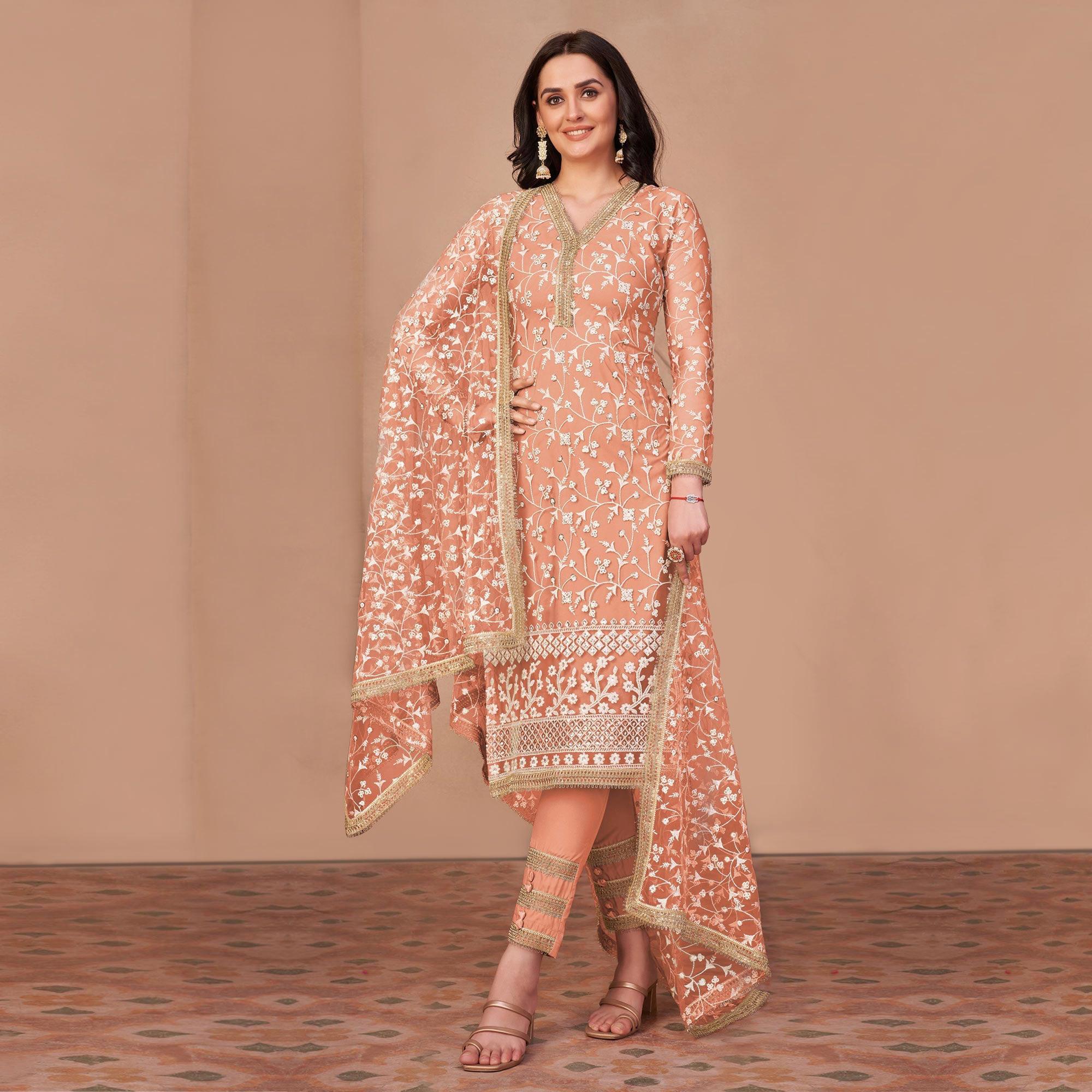 Orange Floral Embroidered Netted Suit - Peachmode