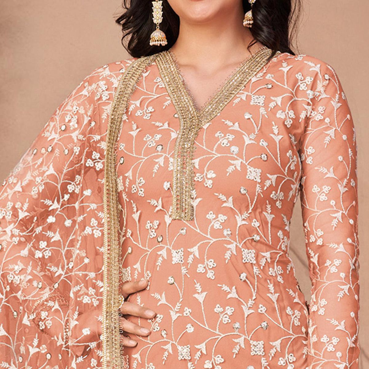 Orange Floral Embroidered Netted Suit - Peachmode