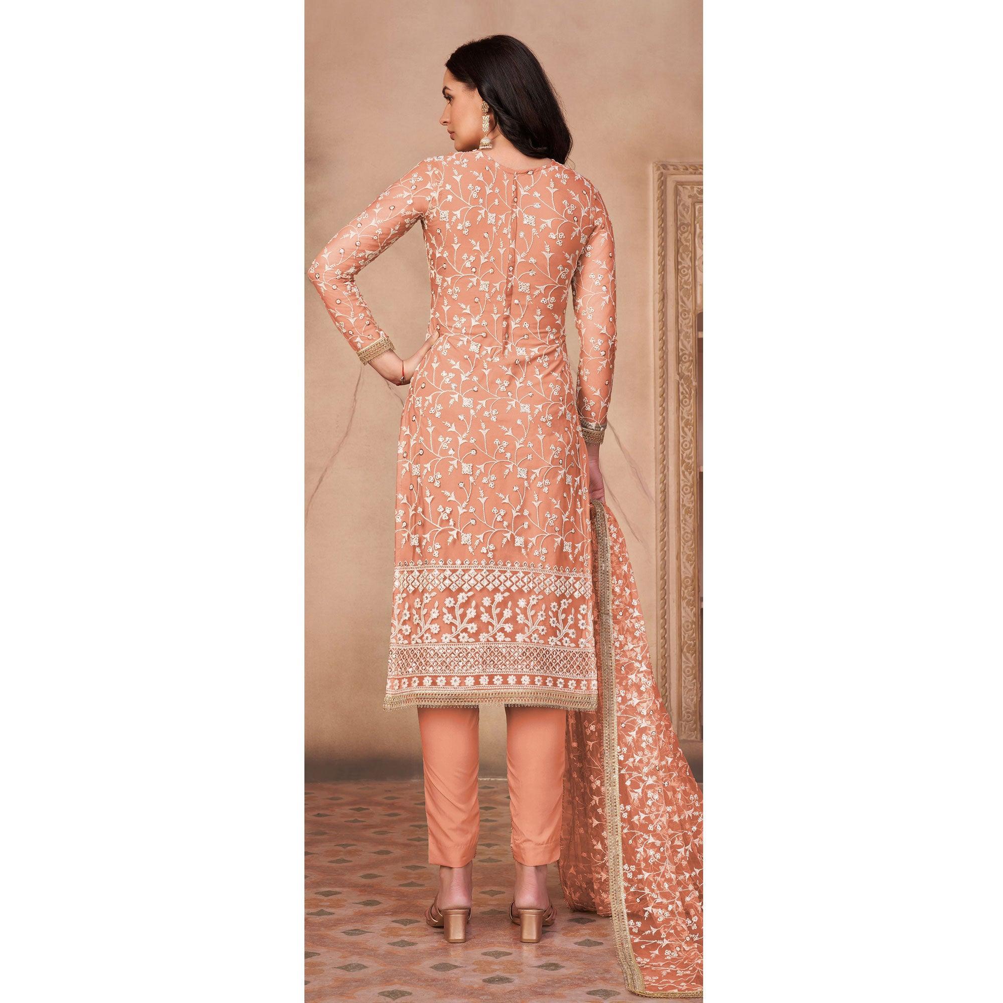 Orange Floral Embroidered Netted Suit - Peachmode