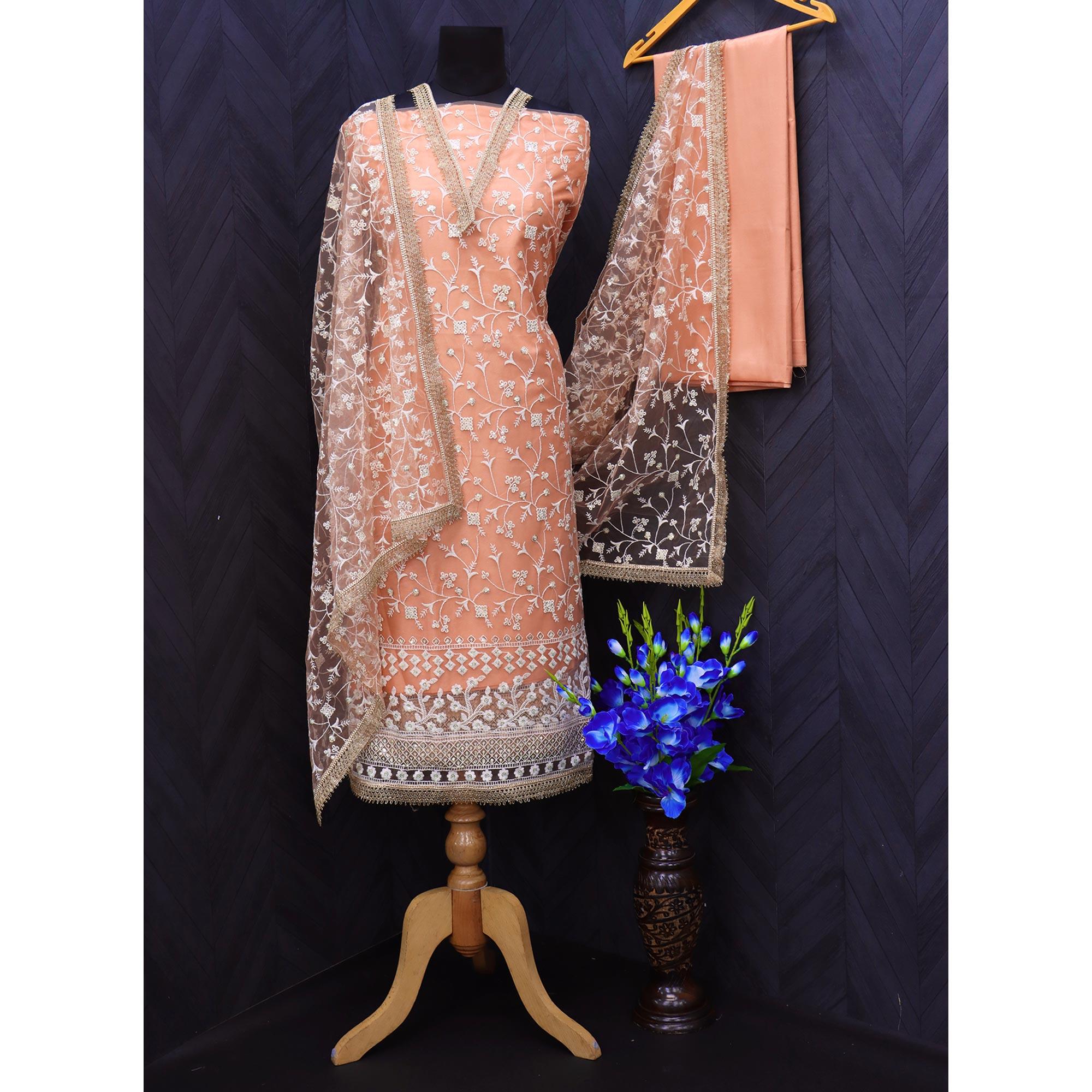 Orange Floral Embroidered Netted Suit - Peachmode